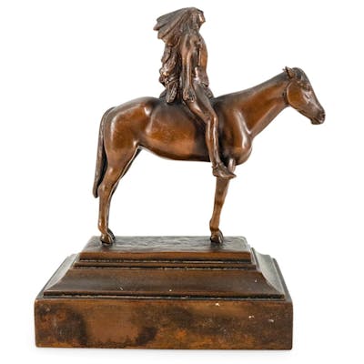 "American Indian On Horse" Figurative Bronze Sculpture On Plinth