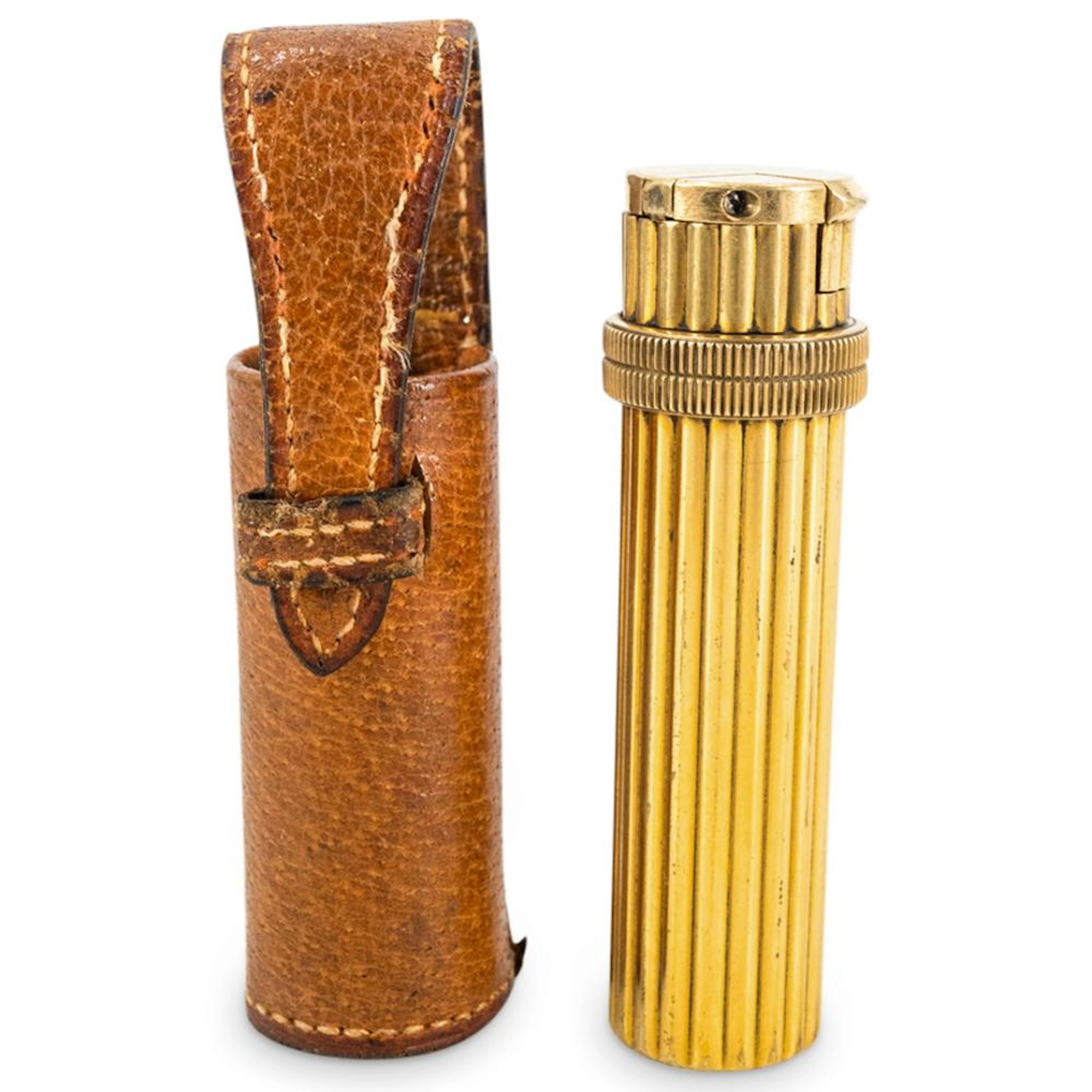 Antique Hermes Gilt Brass Lighter W/ Leather Case