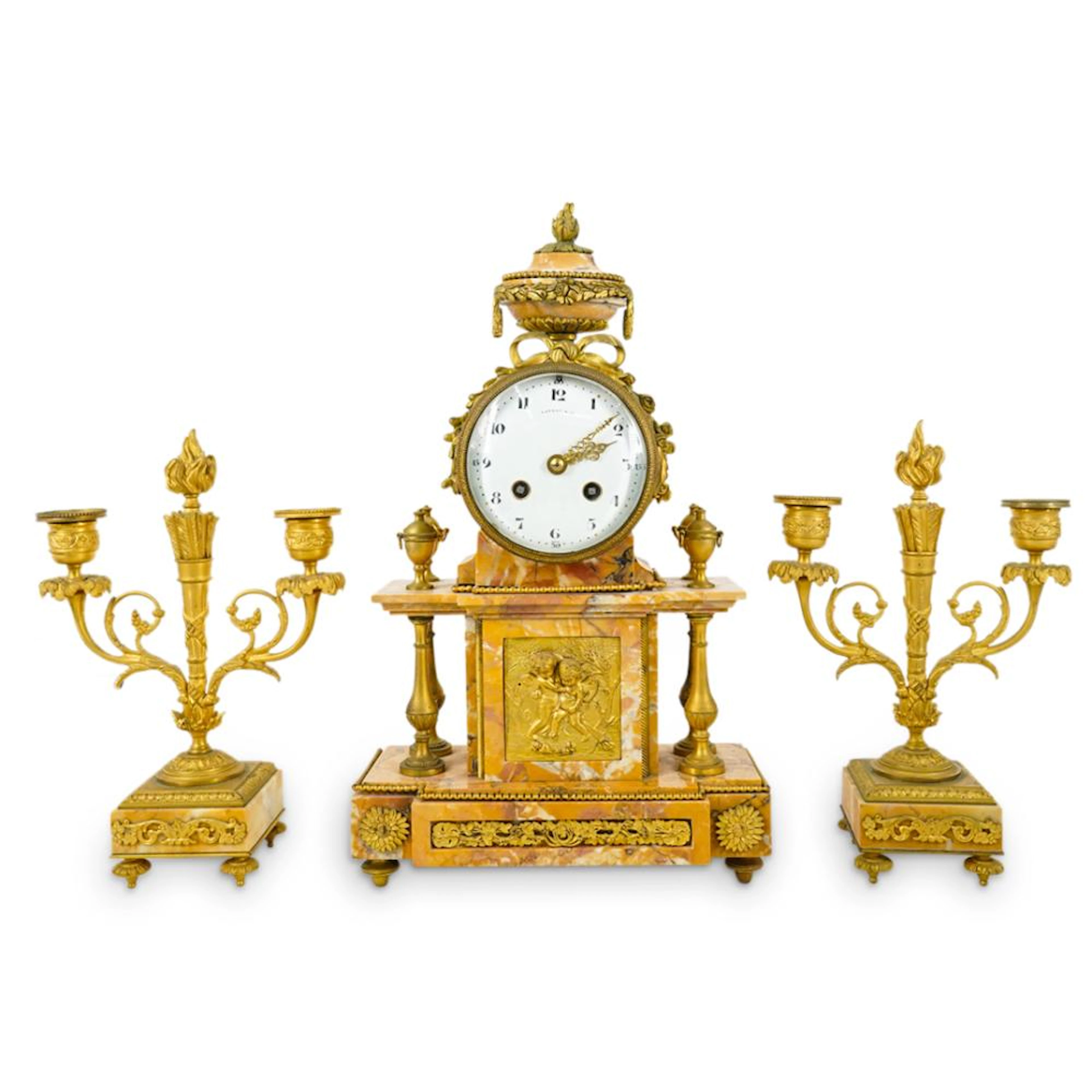 Tiffany & Co Louis XVI Style Gilt Bronze Mantle Clock Set