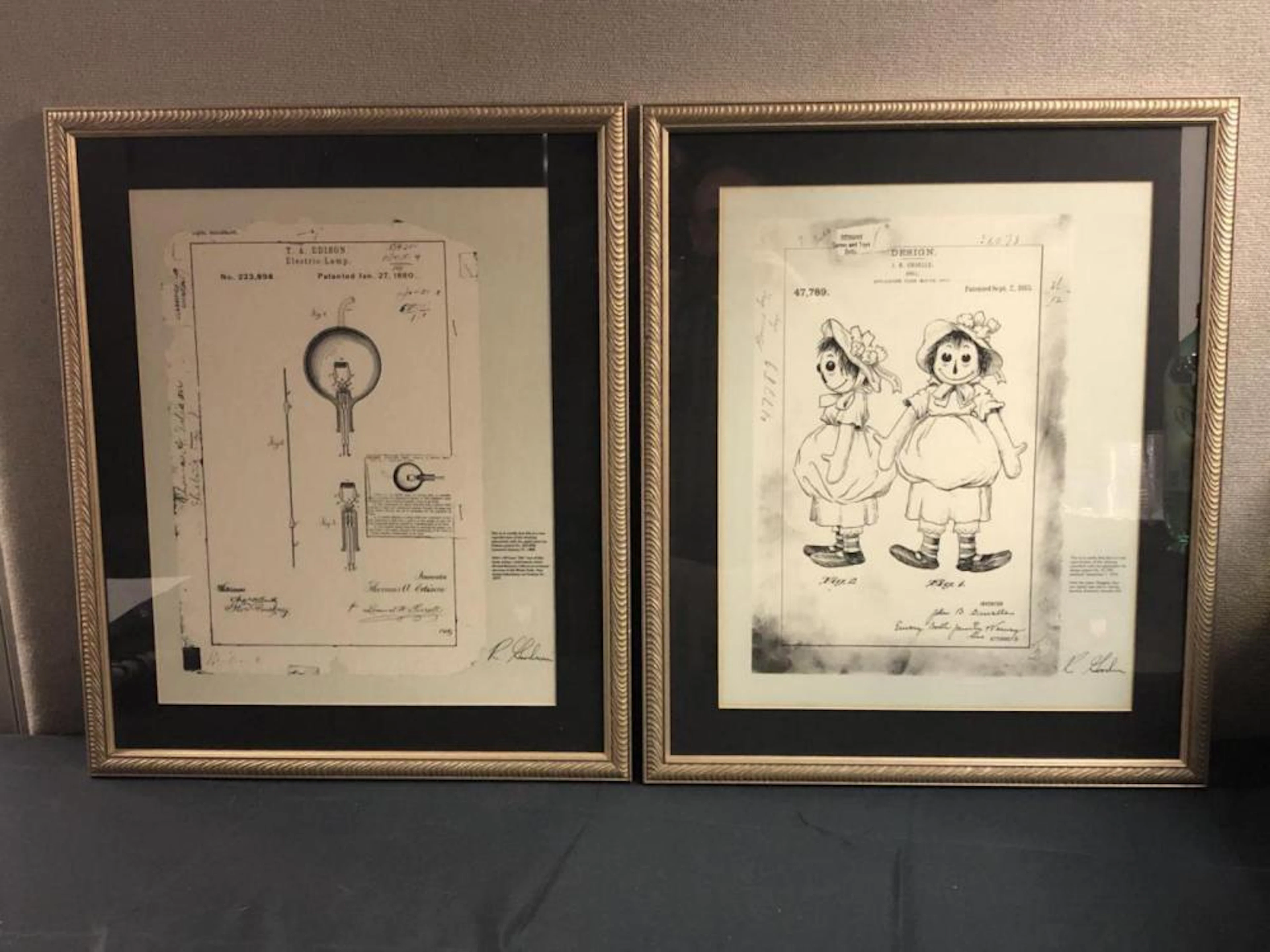 Two Framed T. Edison & J.B. Gruelle Patent Prints
