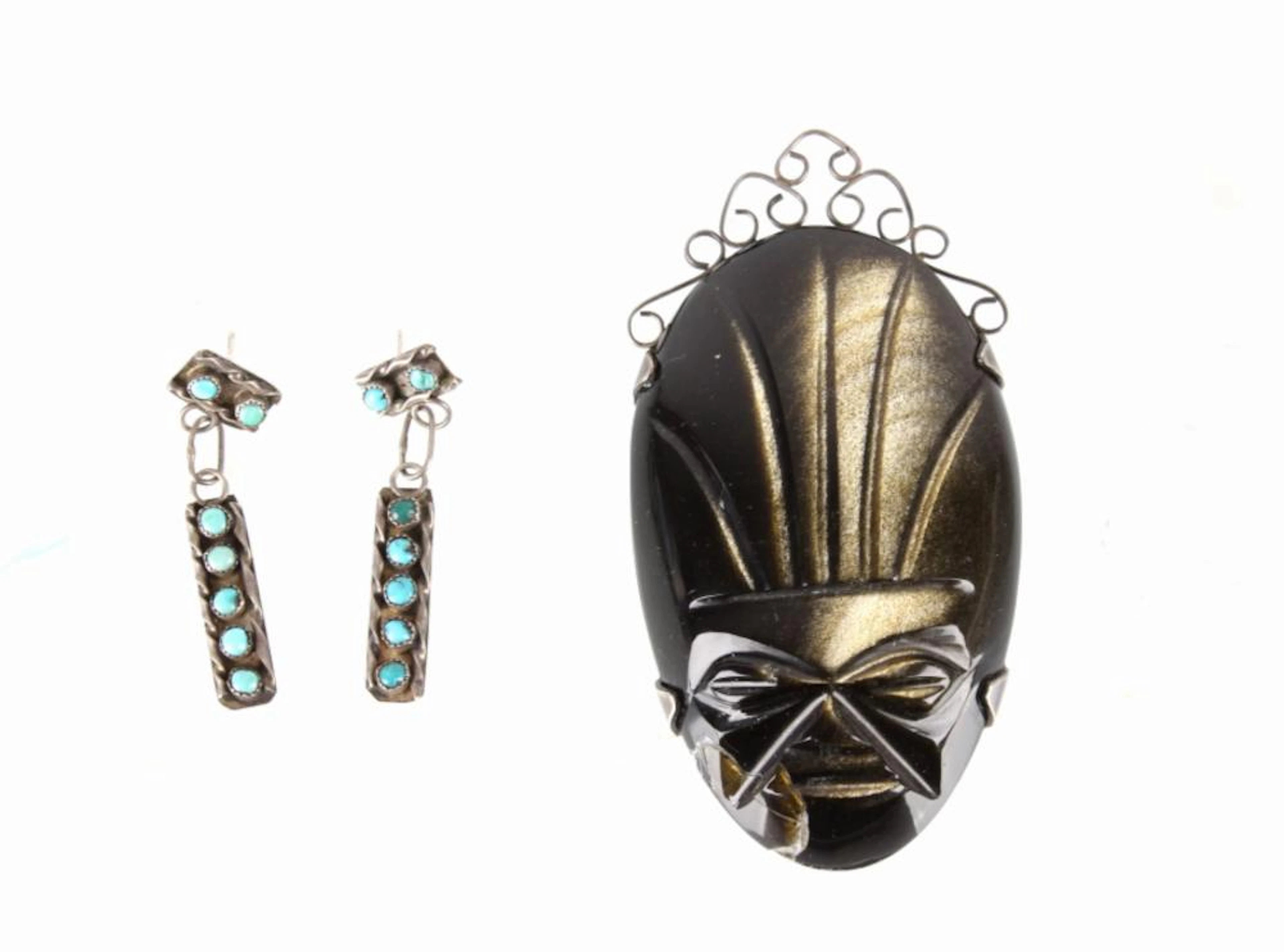 Silver w/ Turquoise Earrings & Carved Gem Pendant
