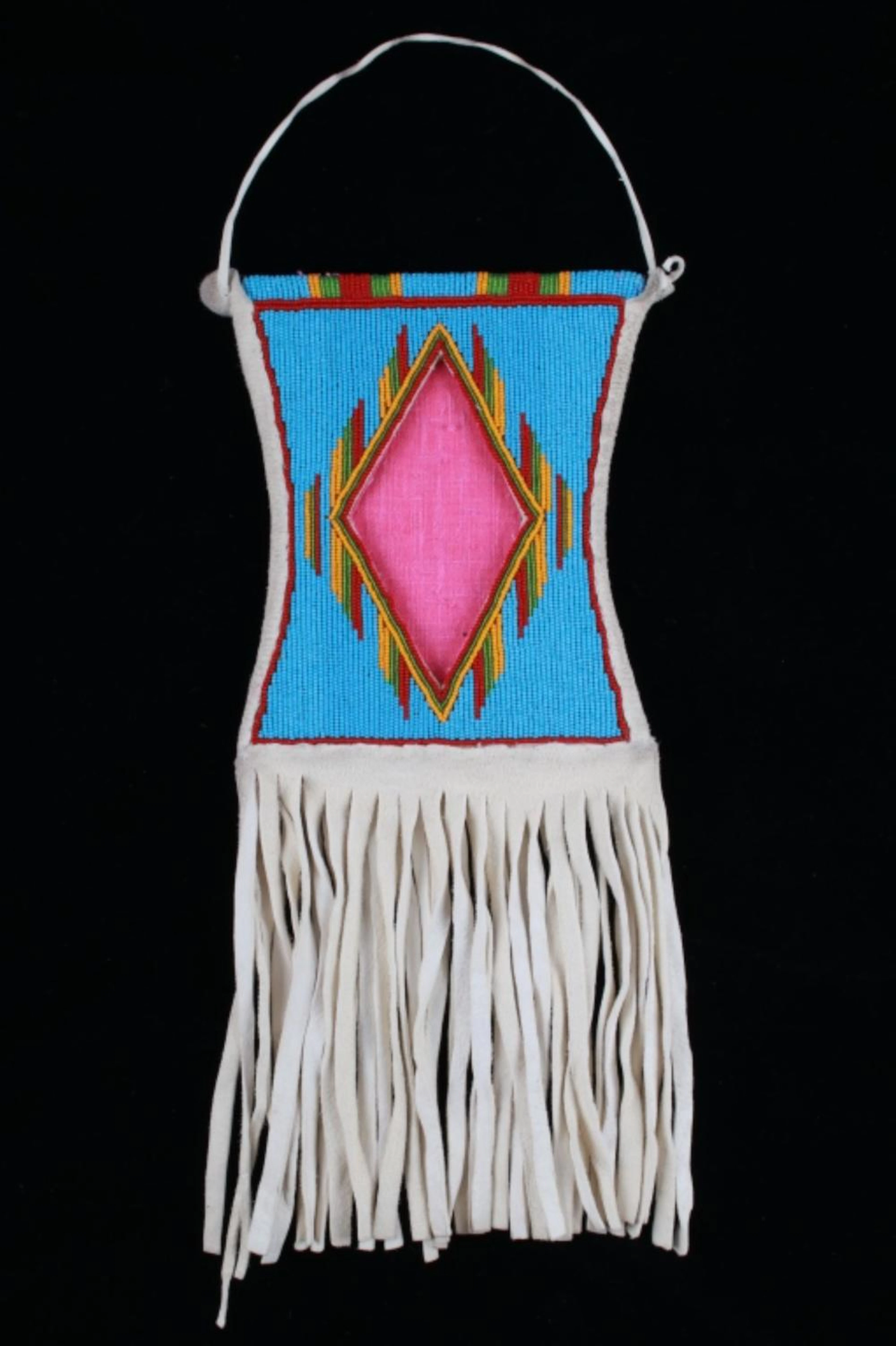 Crow Fully Beaded Hide Mirror Flat Bag 20th C.