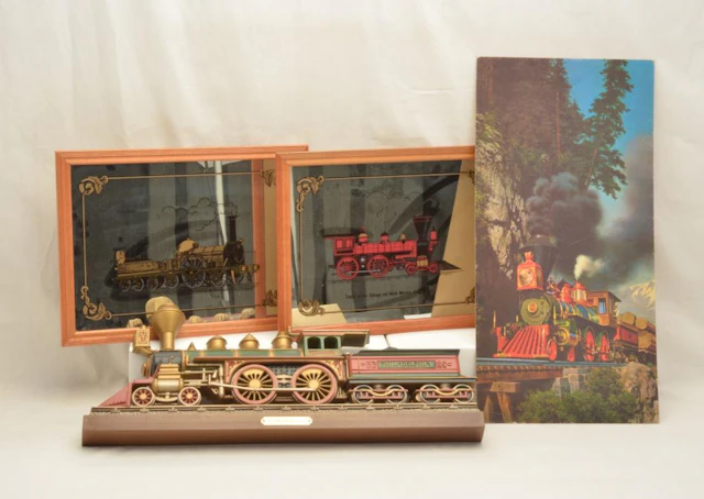 Two Framed Mirrors a Train Plaque and Litho Picture of the General