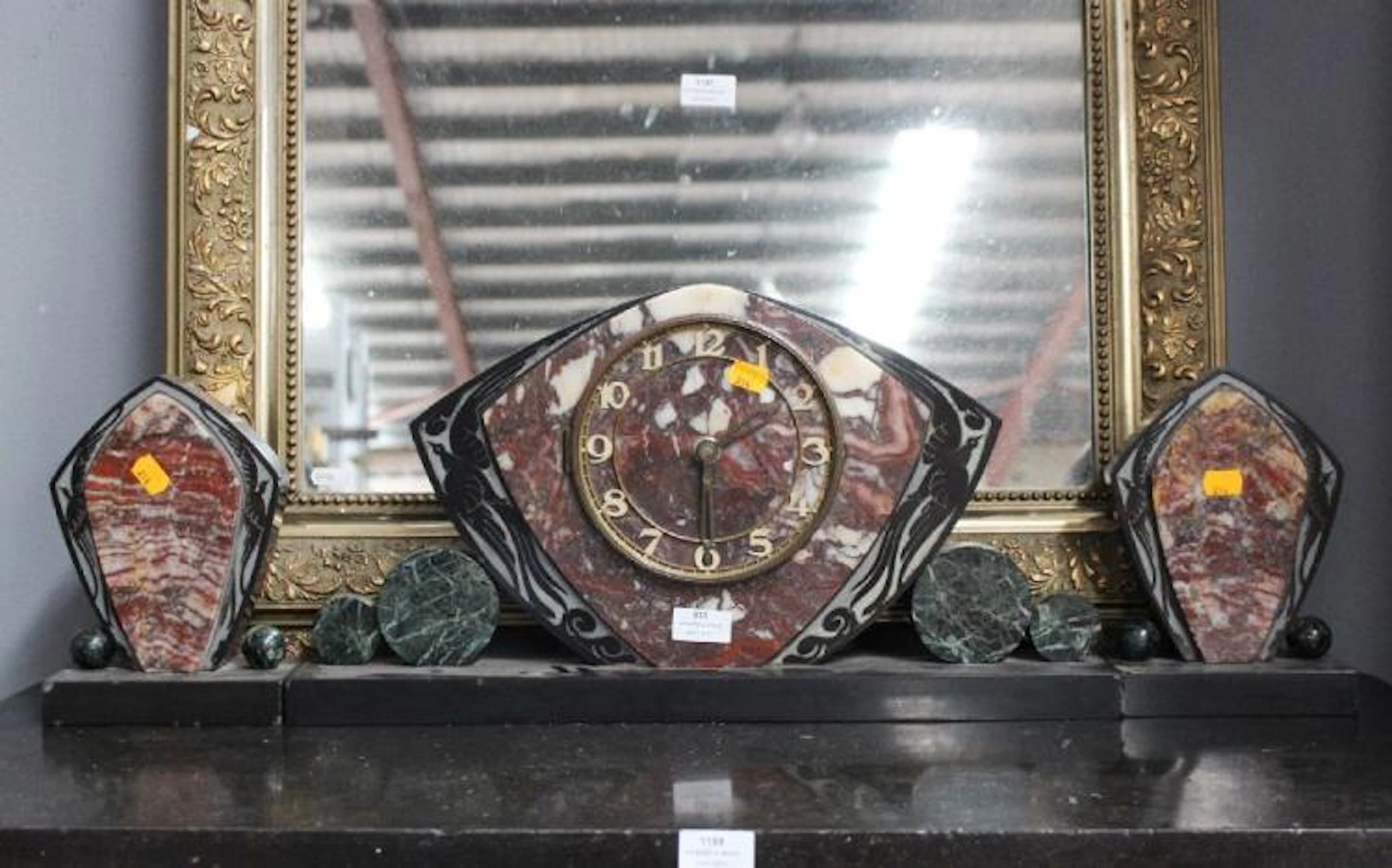 French Art Deco tri coloured marble clock garniture set