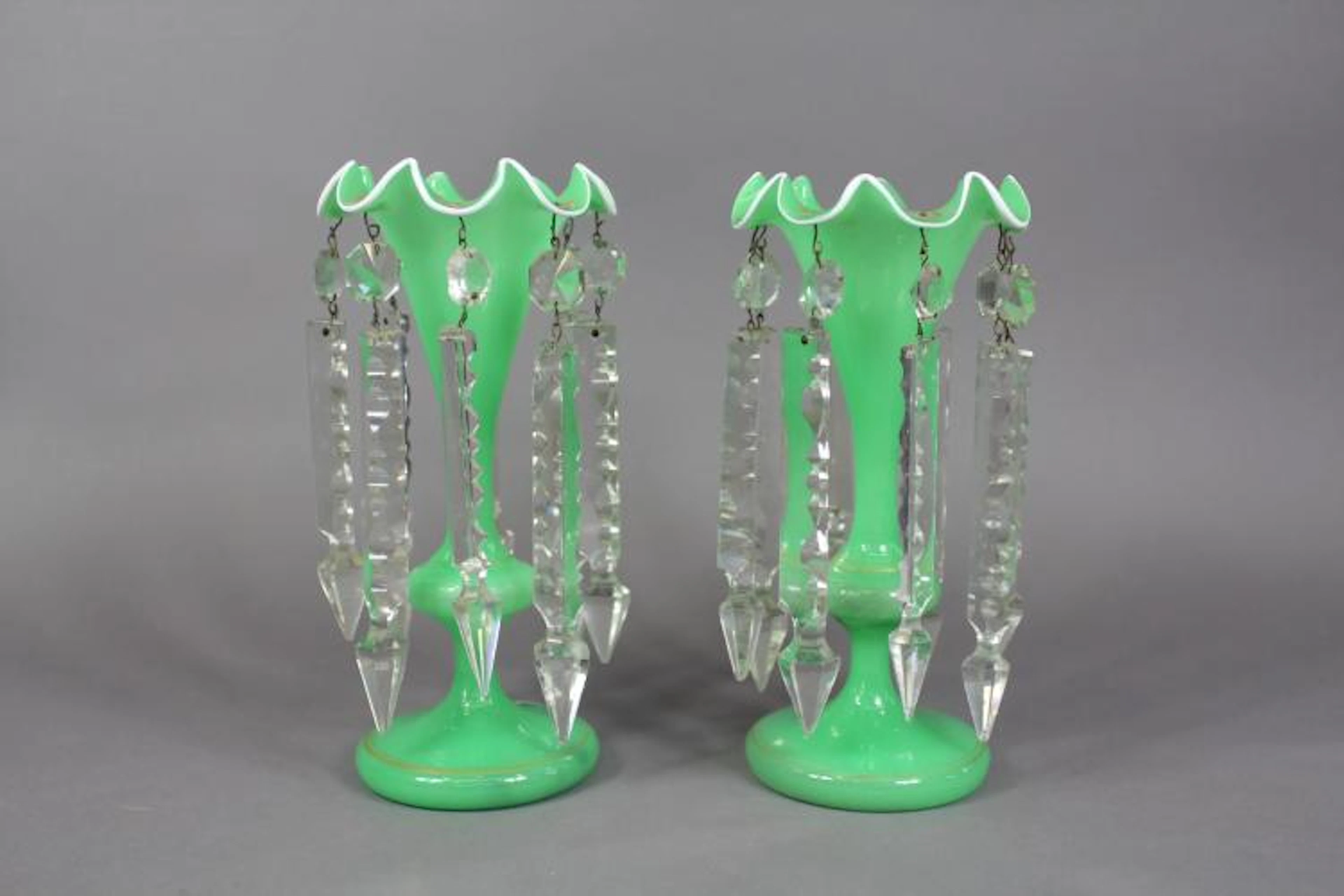 Pair of green lustres, each approx 25cm H x 14cm D (2)