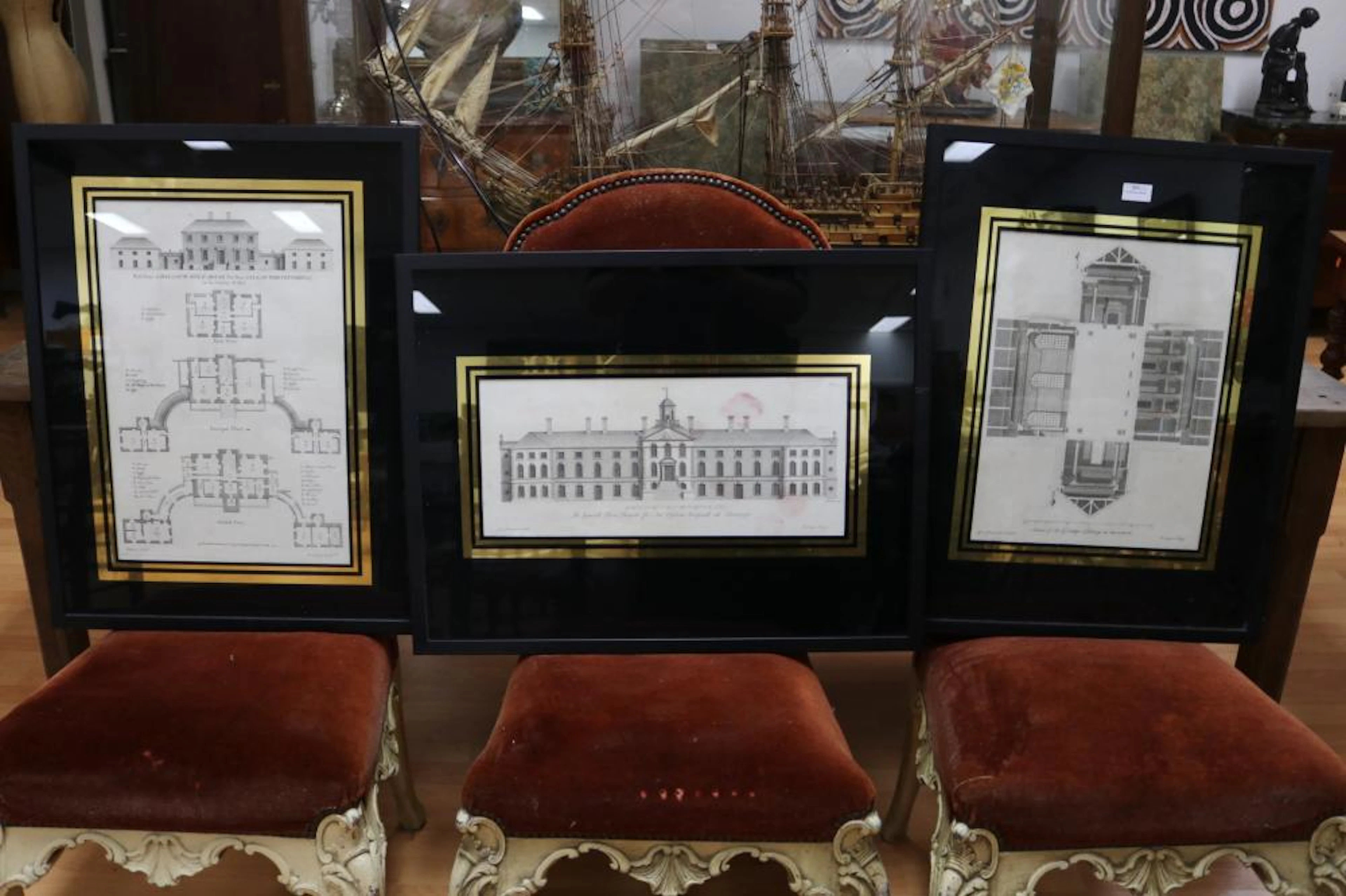 Three antique architectural prints in contemporary frames