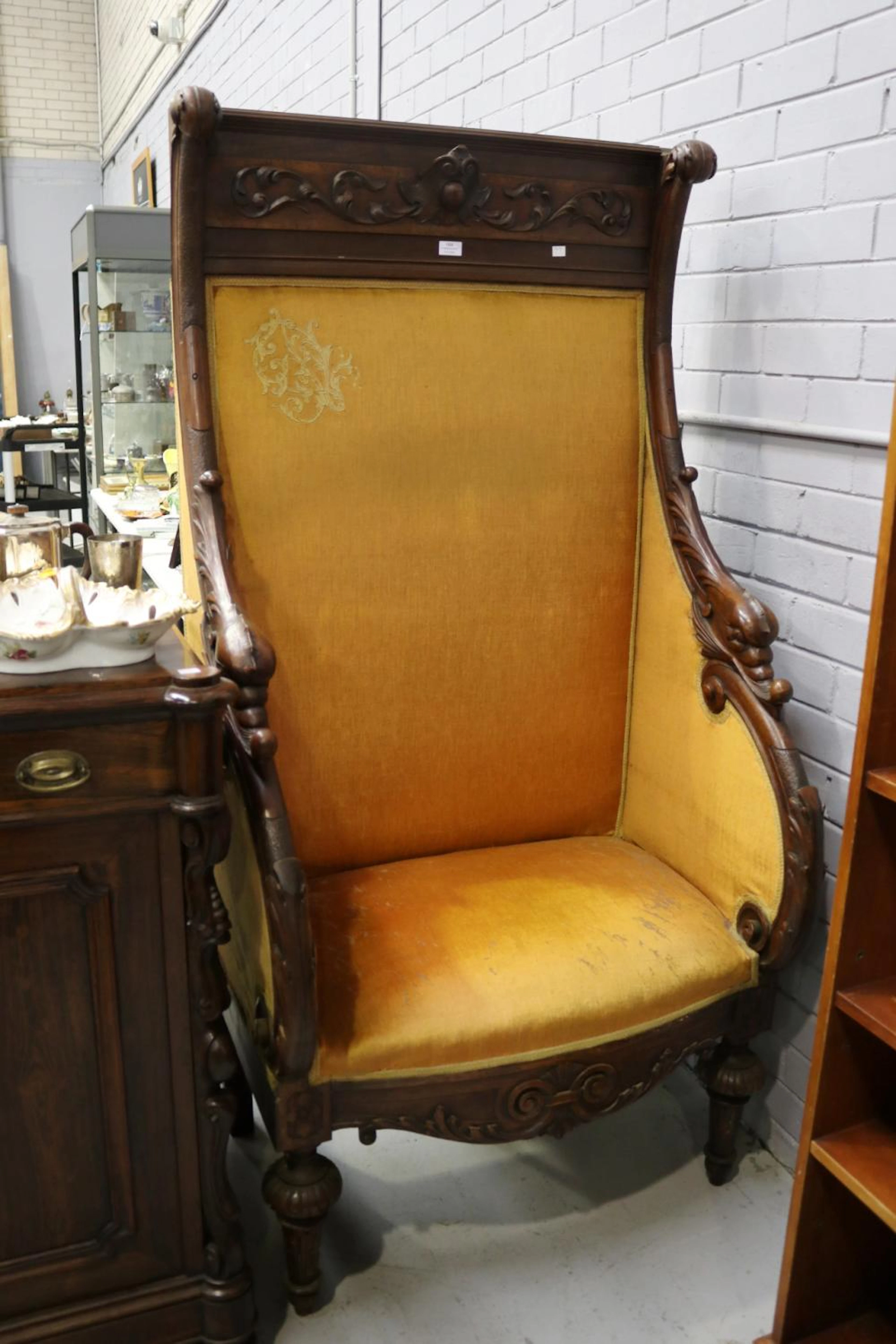 Imposing large size antique French carved walnut throne chair