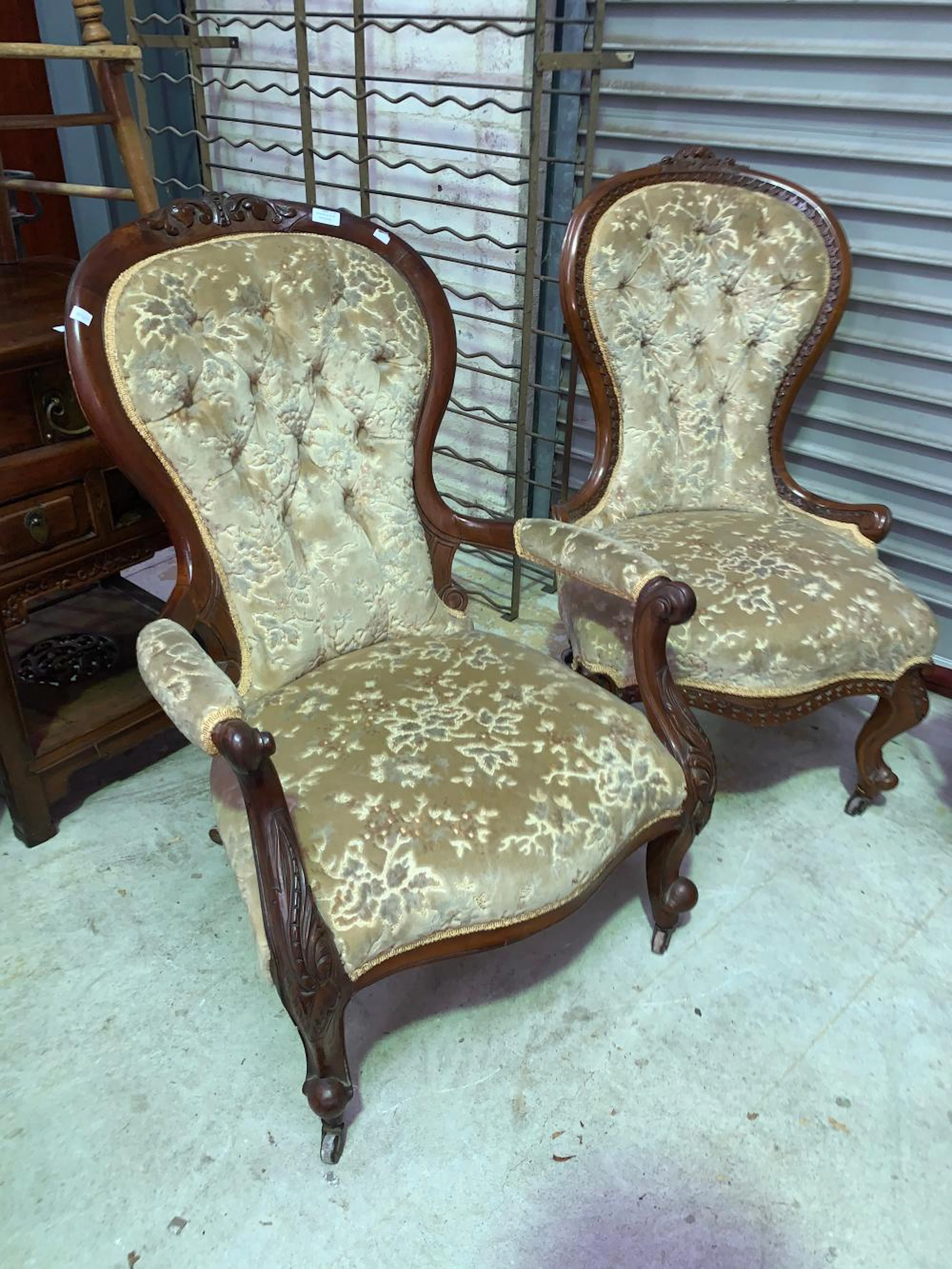 Antique Victorian grandfather & grandmother chairs