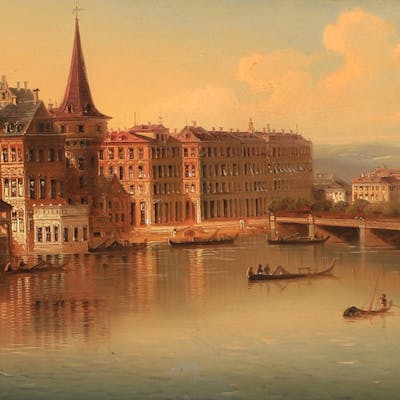 CHARLES MARCHANT. Stadsbild, olja på pannå, signerad. Barnebys