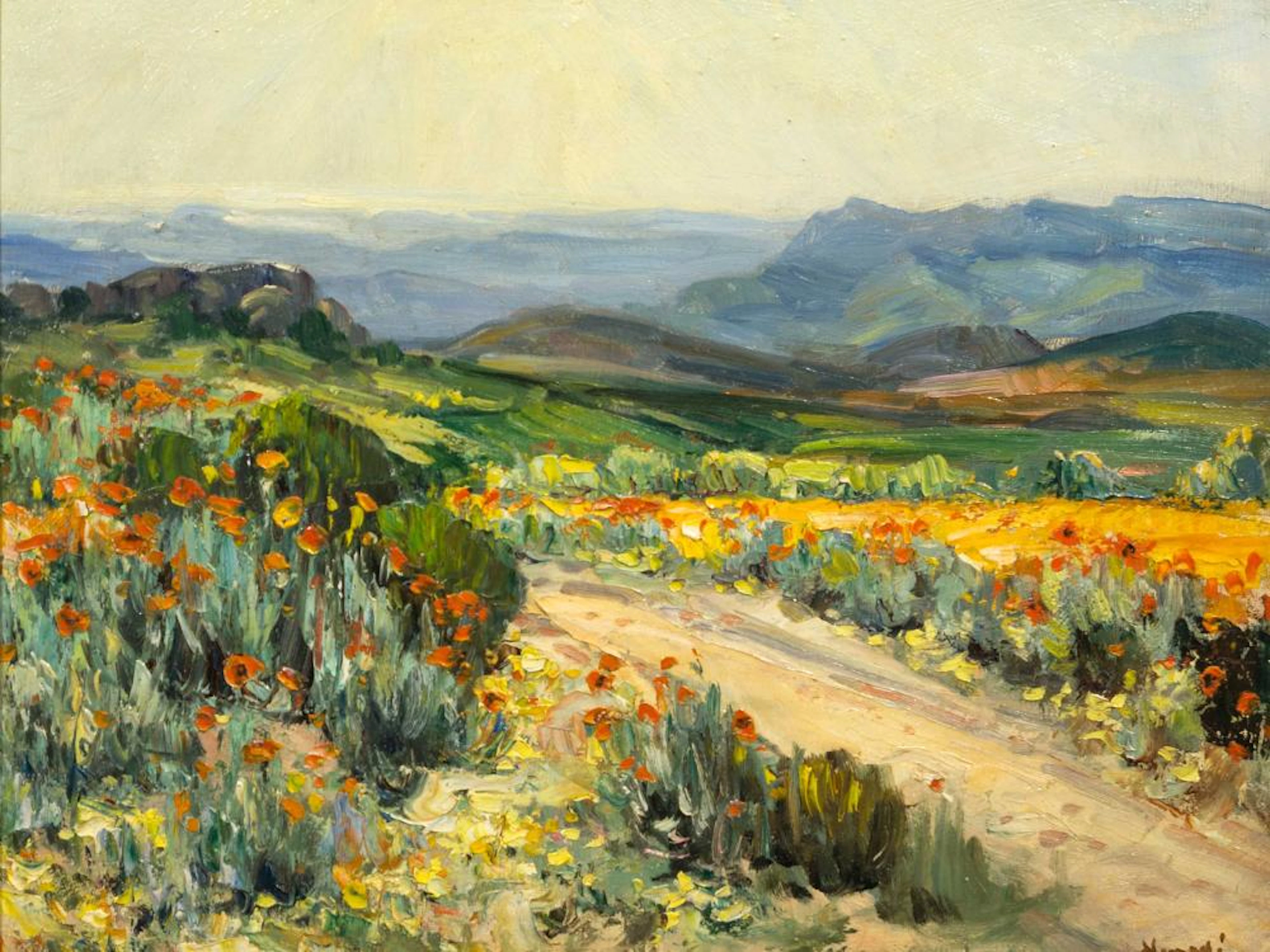 Hugo Naude (SA 1868 - 1941) Oil, Roadside Flowers Namaqualand, Signed, 34 x 44
