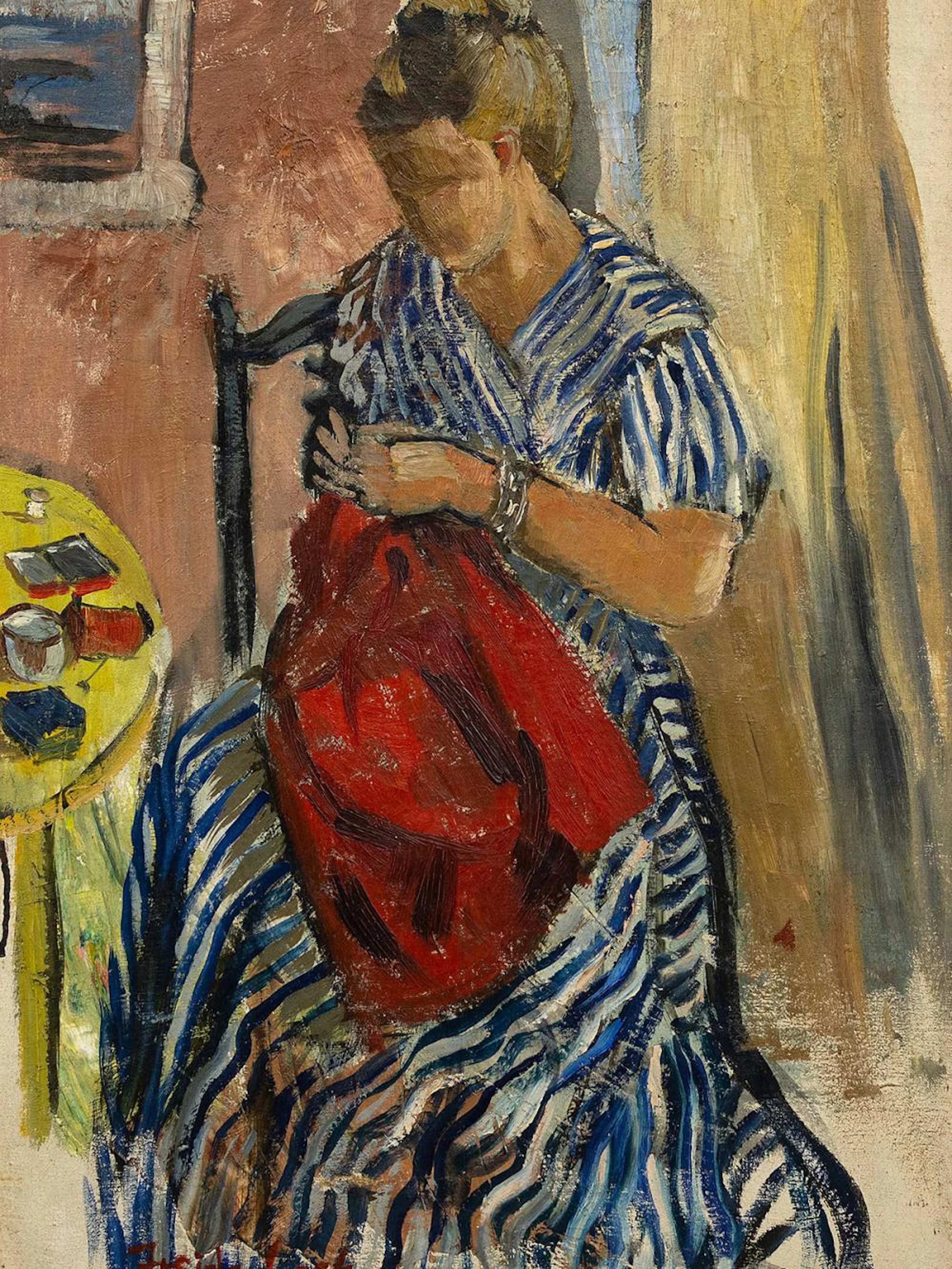 Freida Lock (SA 1902 - 1962) Oil, Woman Sewing, Signed, 62 x 44