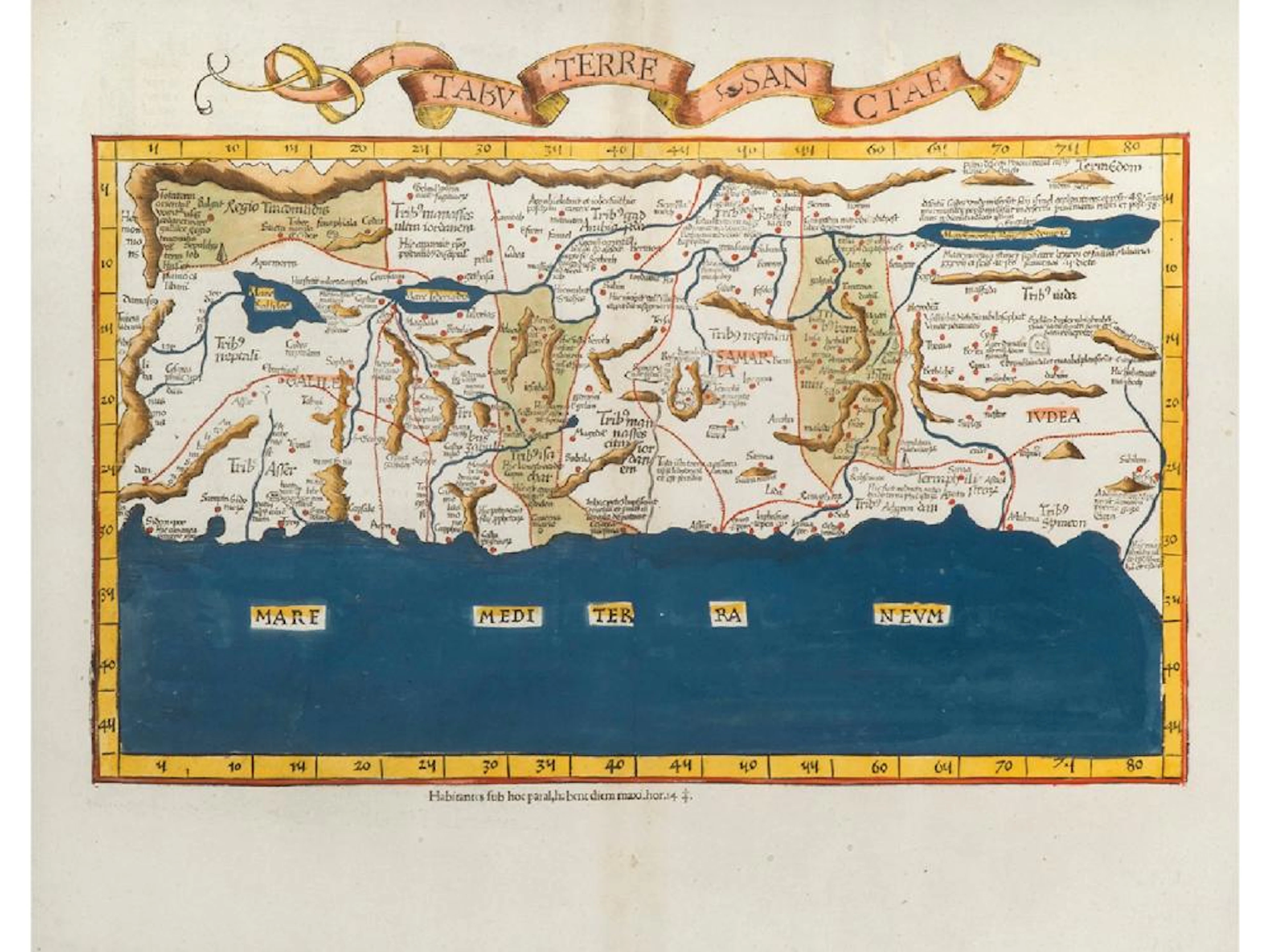 Map of Palestine ? Strasburg, 1525 ? Hand-Colored Woodcut