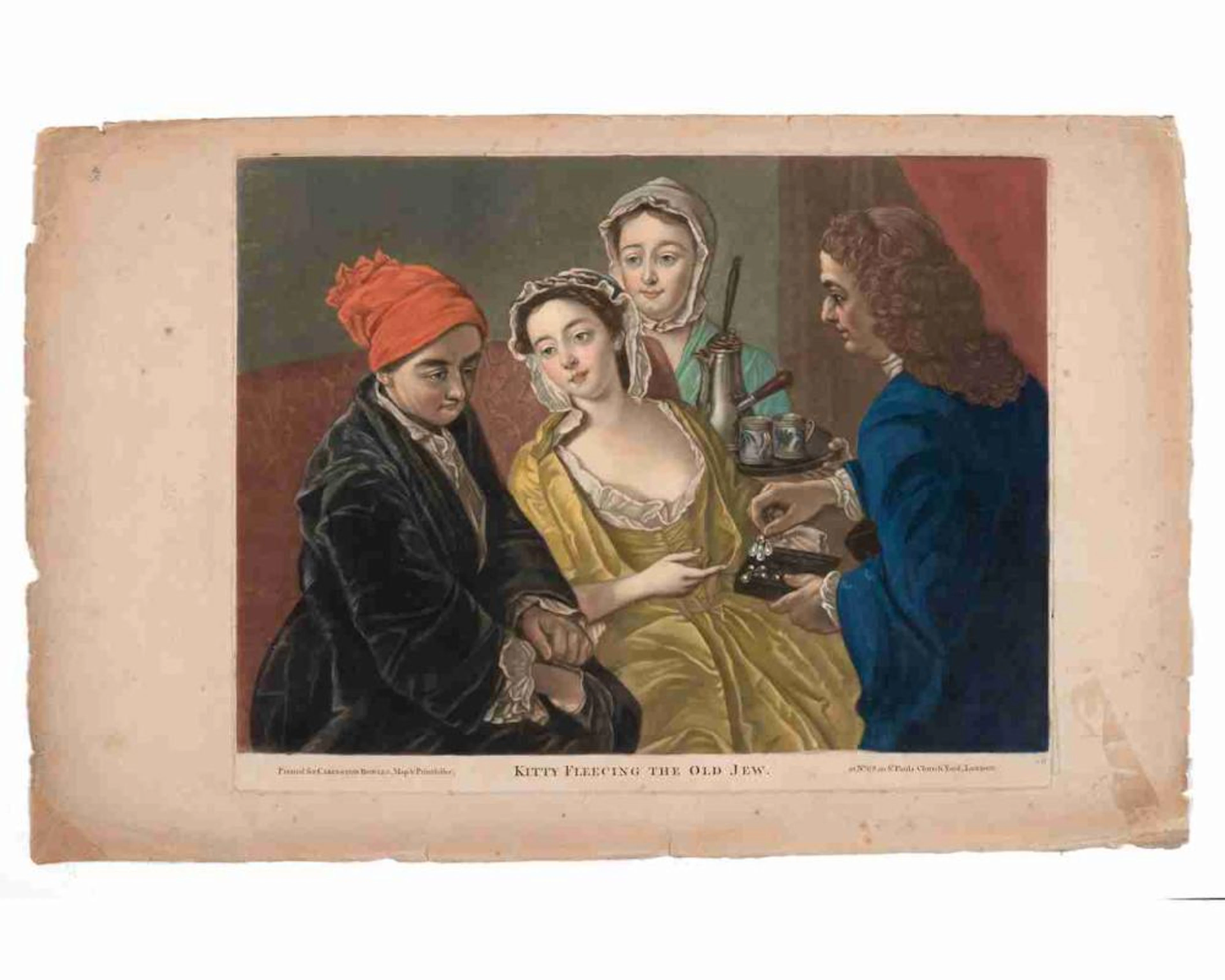 "Kitty Fleecing the Old Jew" - Hand-Colored Mezzotint