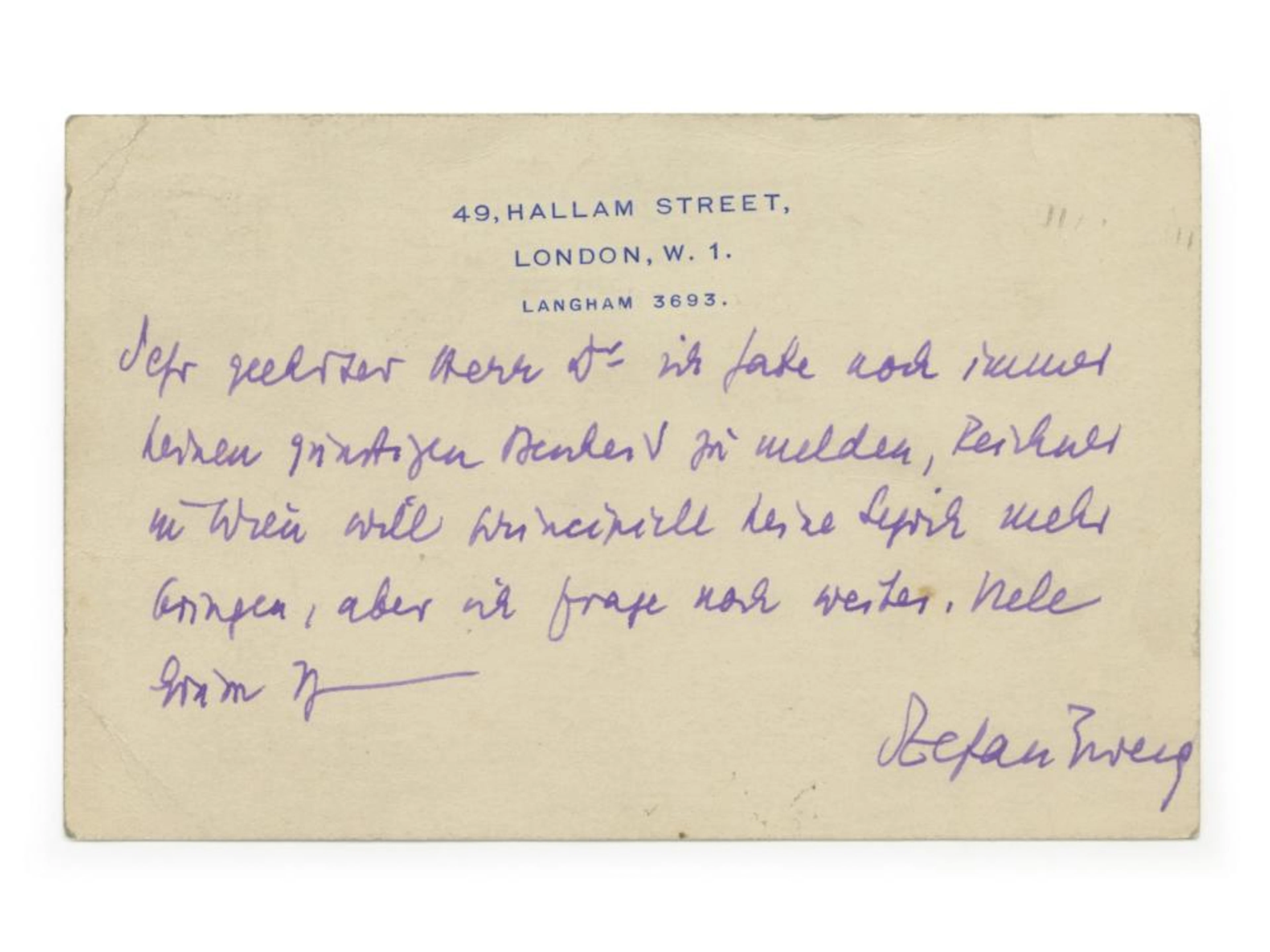 Autograph Letter and Postcard, Signed by Stefan Zweig ? 1909 and 1938