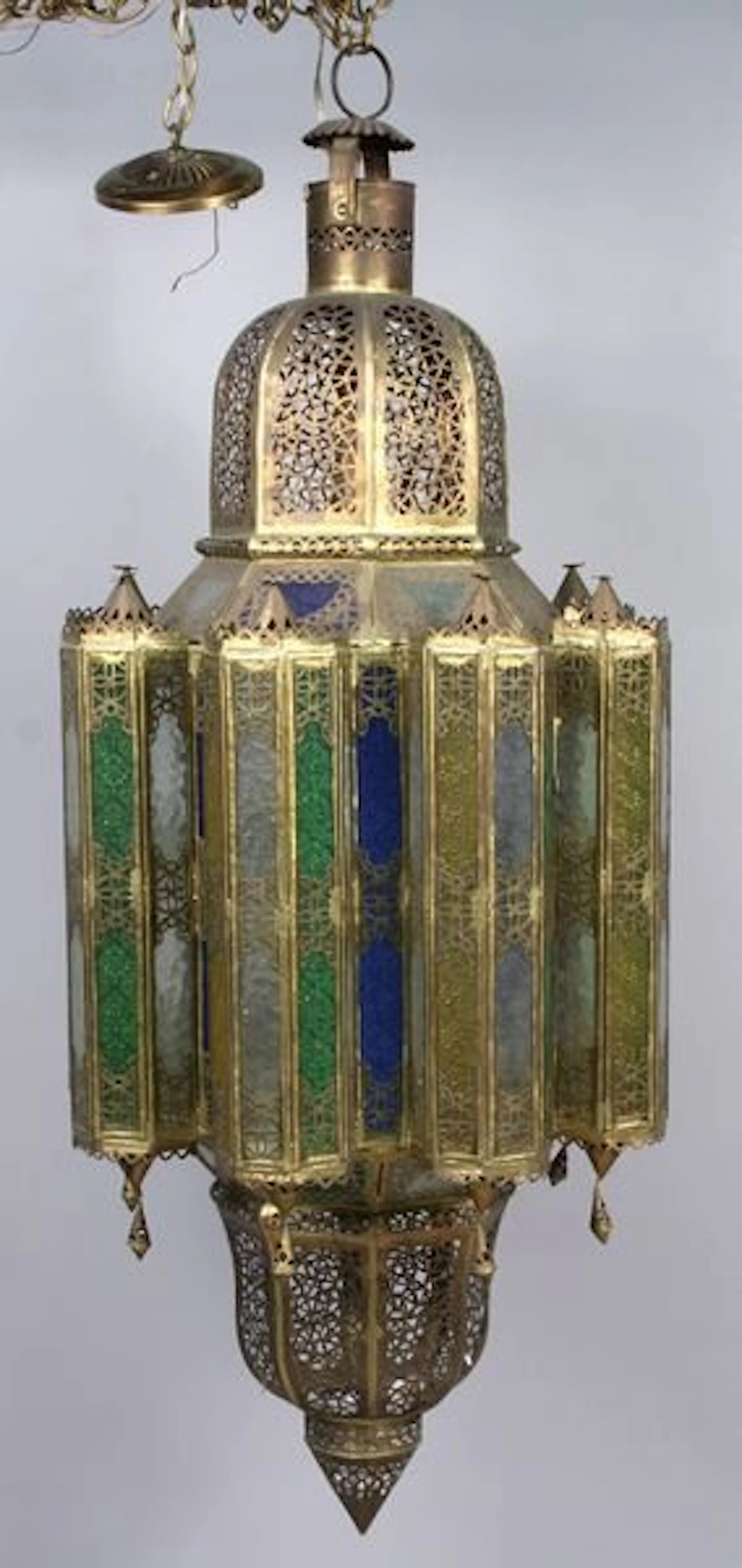 1159: Moroccan brass & colored glass chandelier