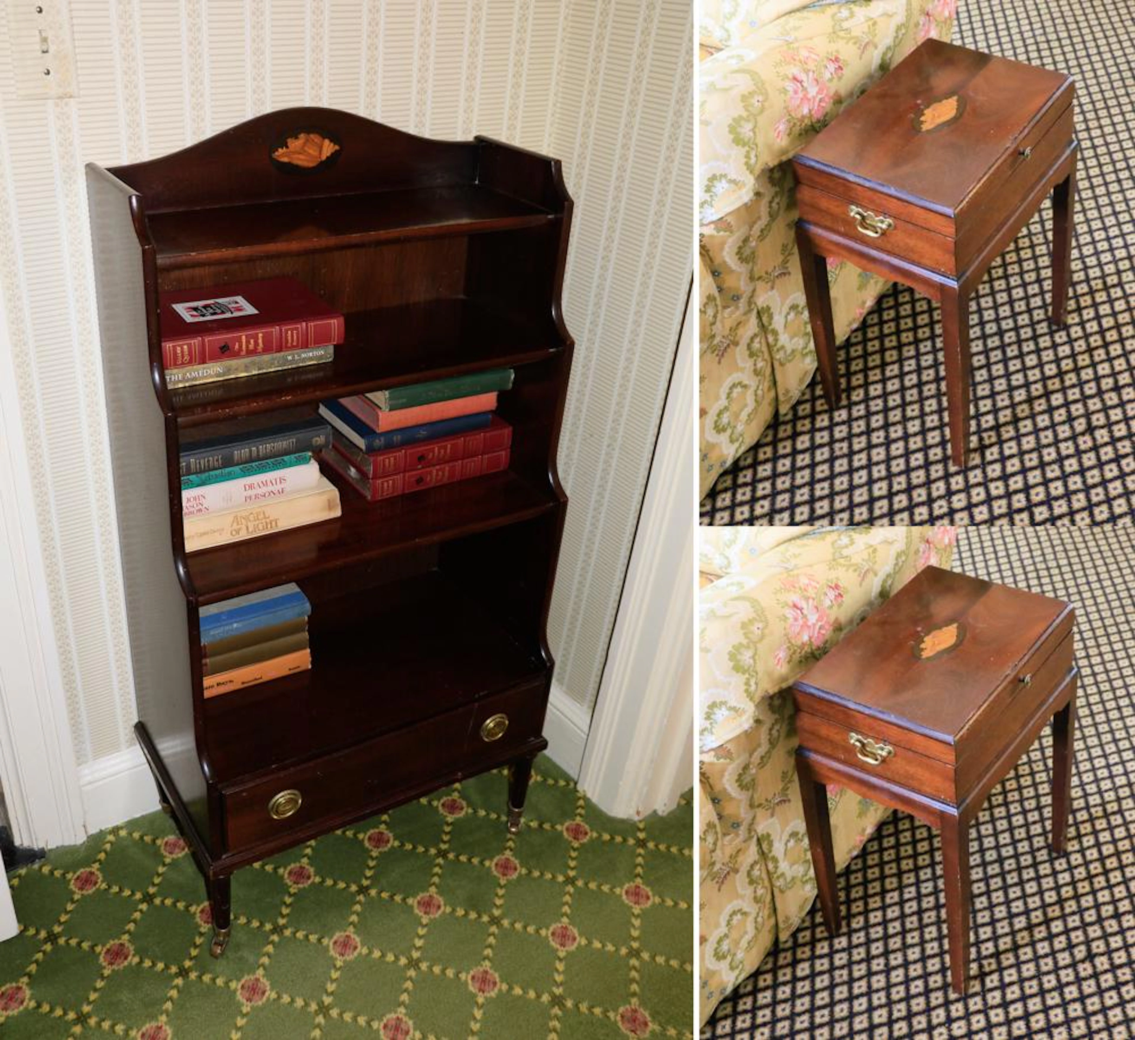 Mahogany 1-drawer Bookstand, Pair of Document Boxes