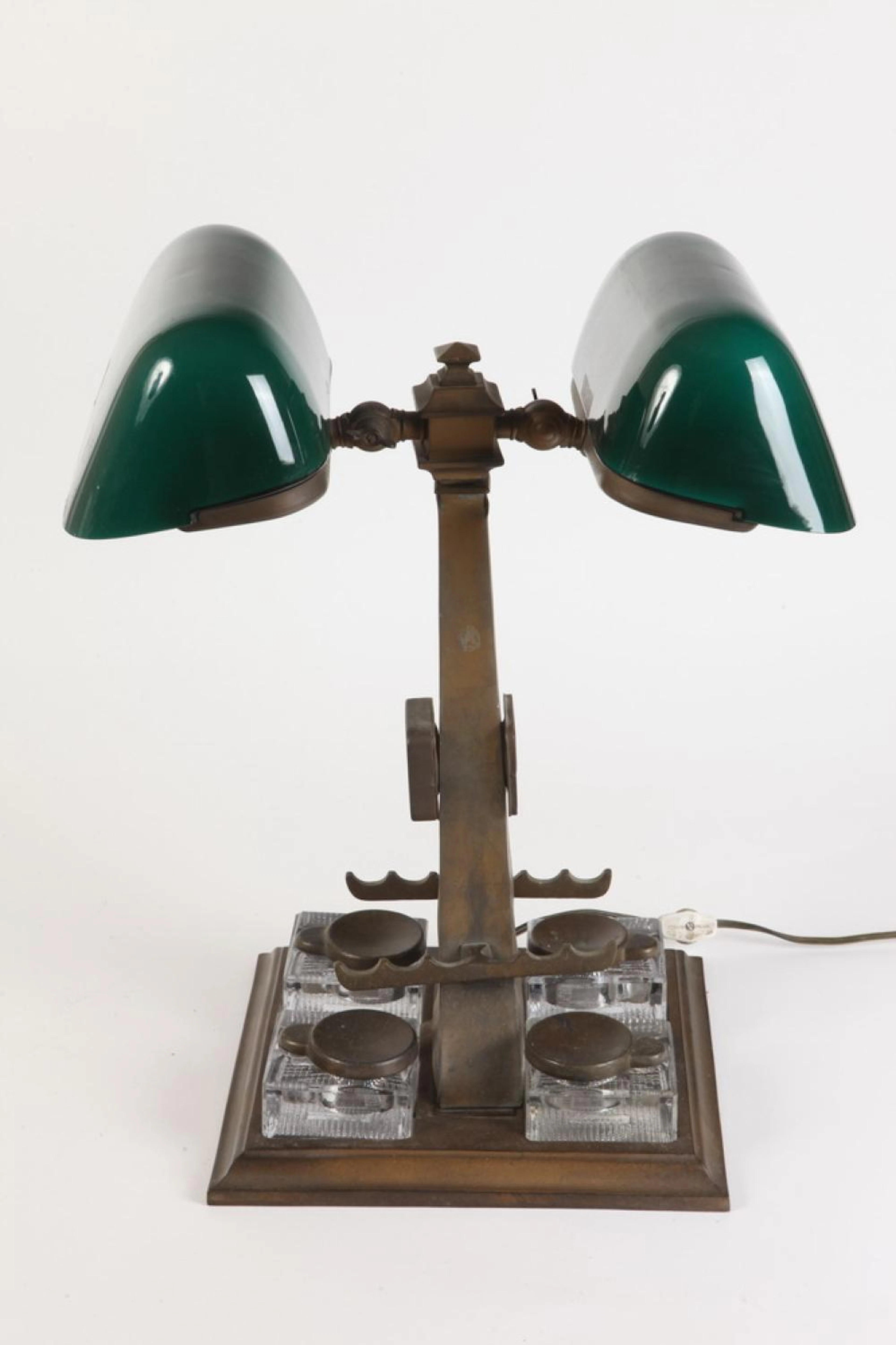 1920S "EMERALITE" BRASS AND CASED EMERALD GREEN GLASS DOUBLE DESK LAMP
