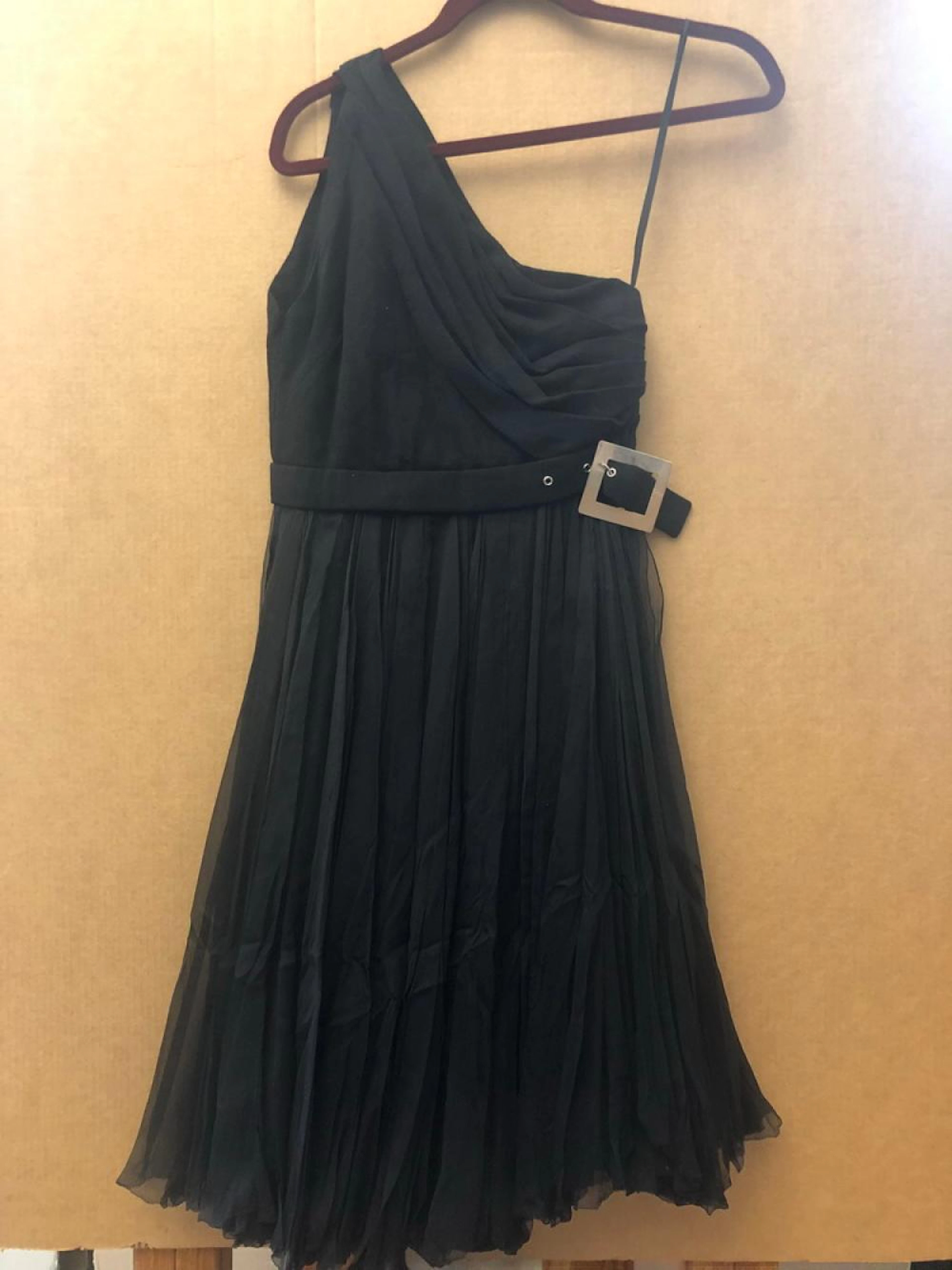 VINTAGE BLACK GALANOS DRESS, OFF THE SHOULDER WITH BELT, - small.