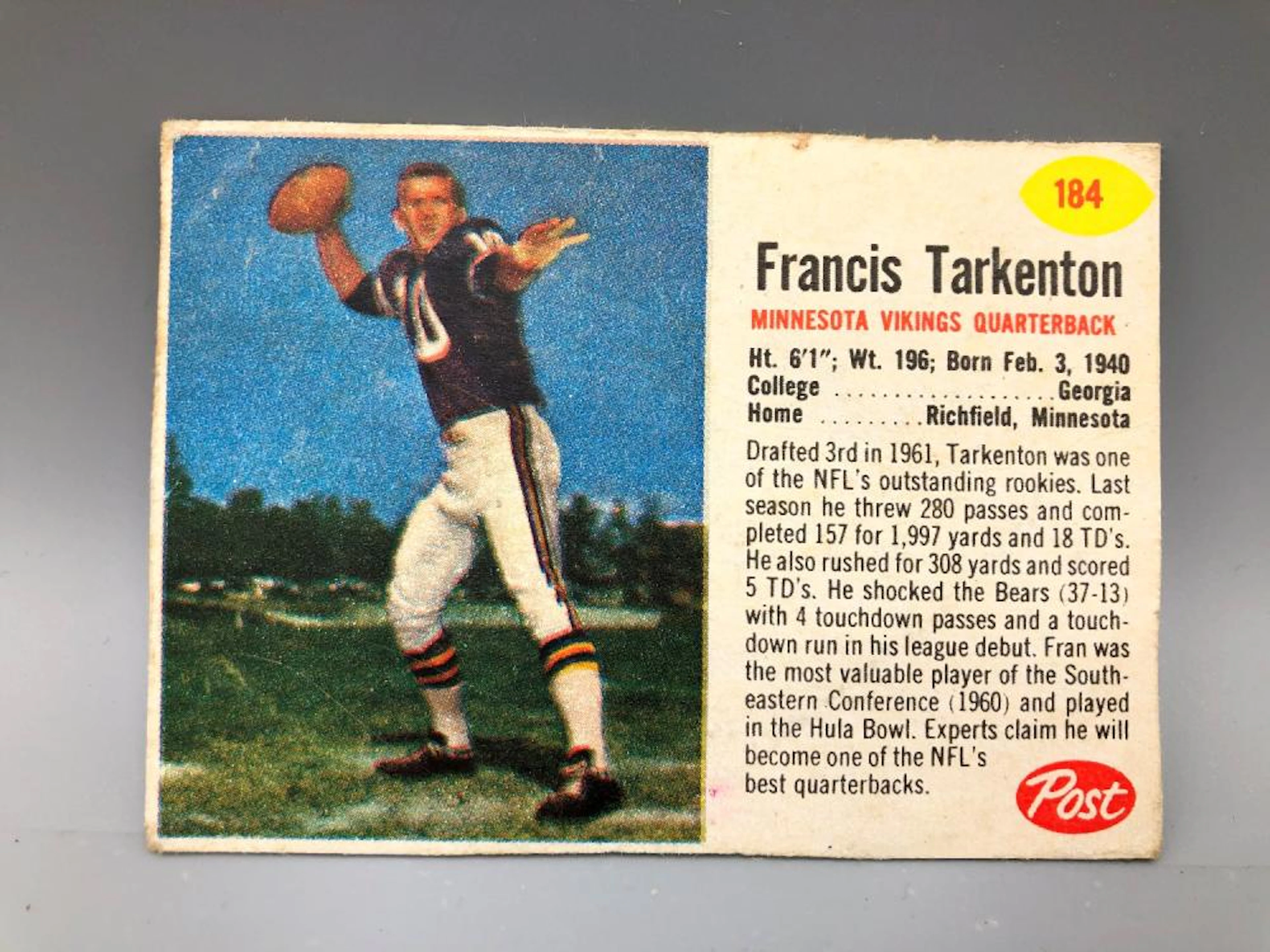 1962 Post Cereal Fran Tarkenton #184