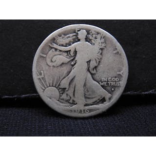1916-S Key Date Walking Liberty Half Dollar. Mintmark On Obverse.