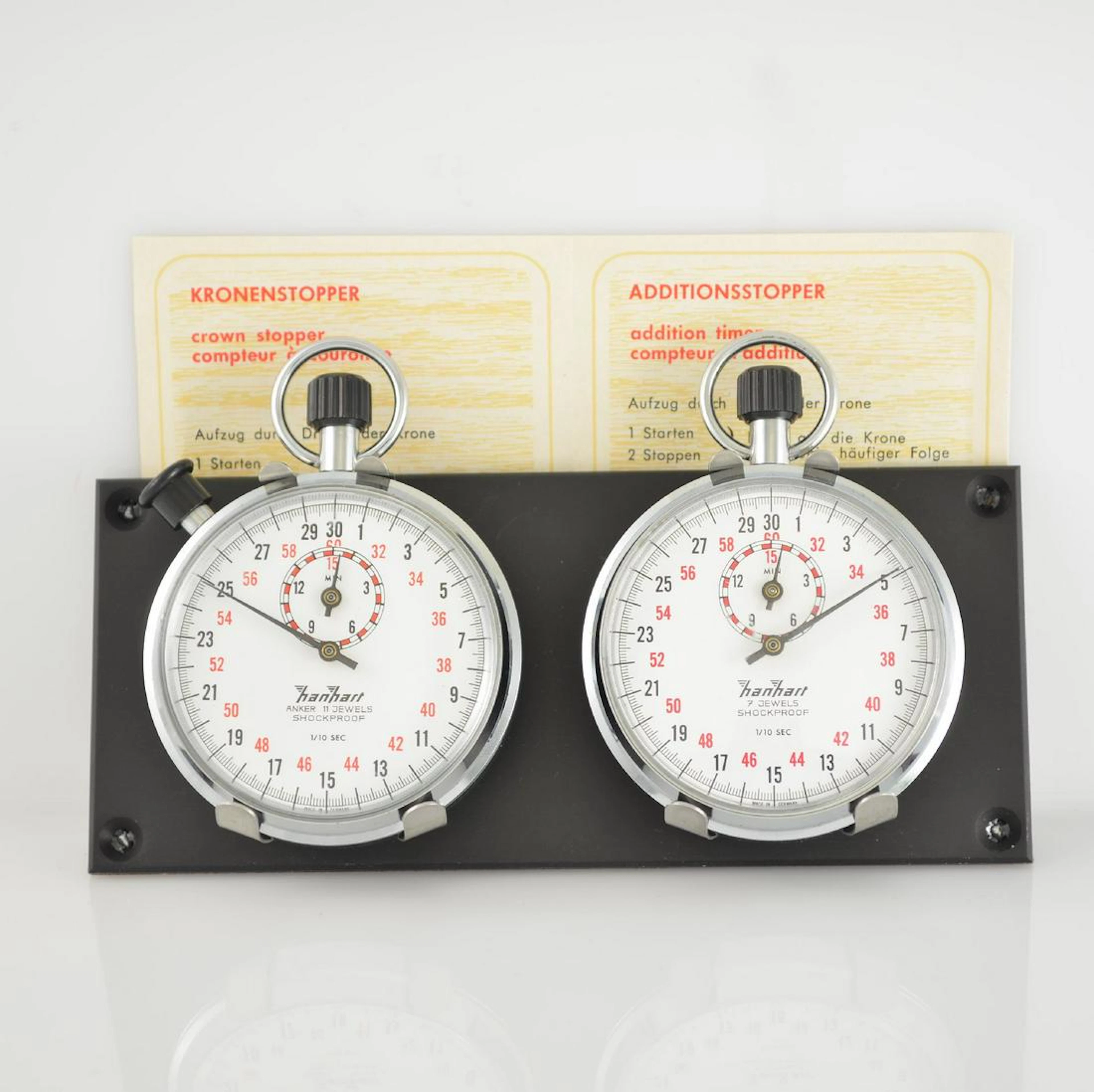 2 HANHART stop watches on aluminium plate