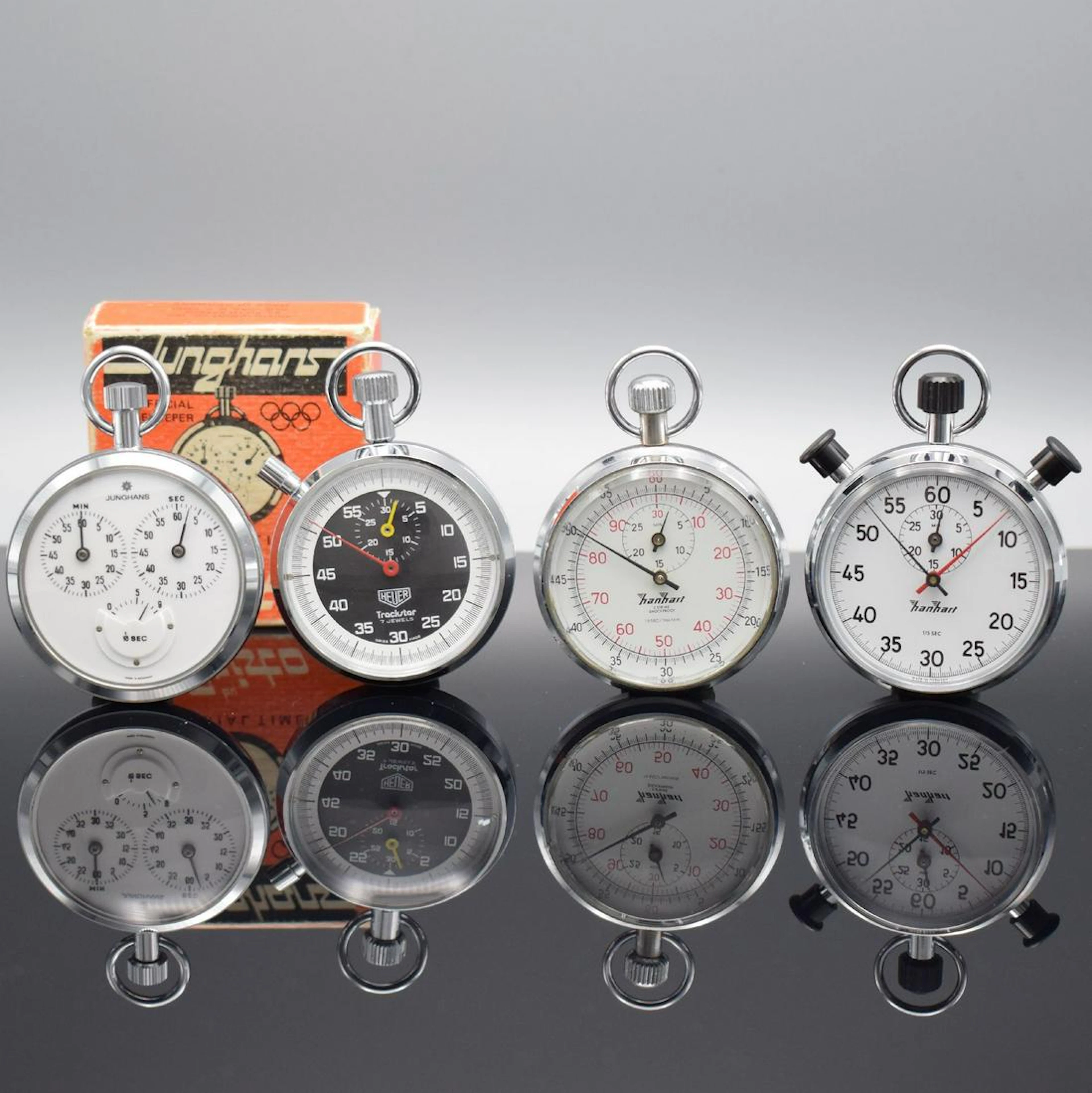 Set of 4 stop watches, 2x Hanhart, Heuer & Junghans