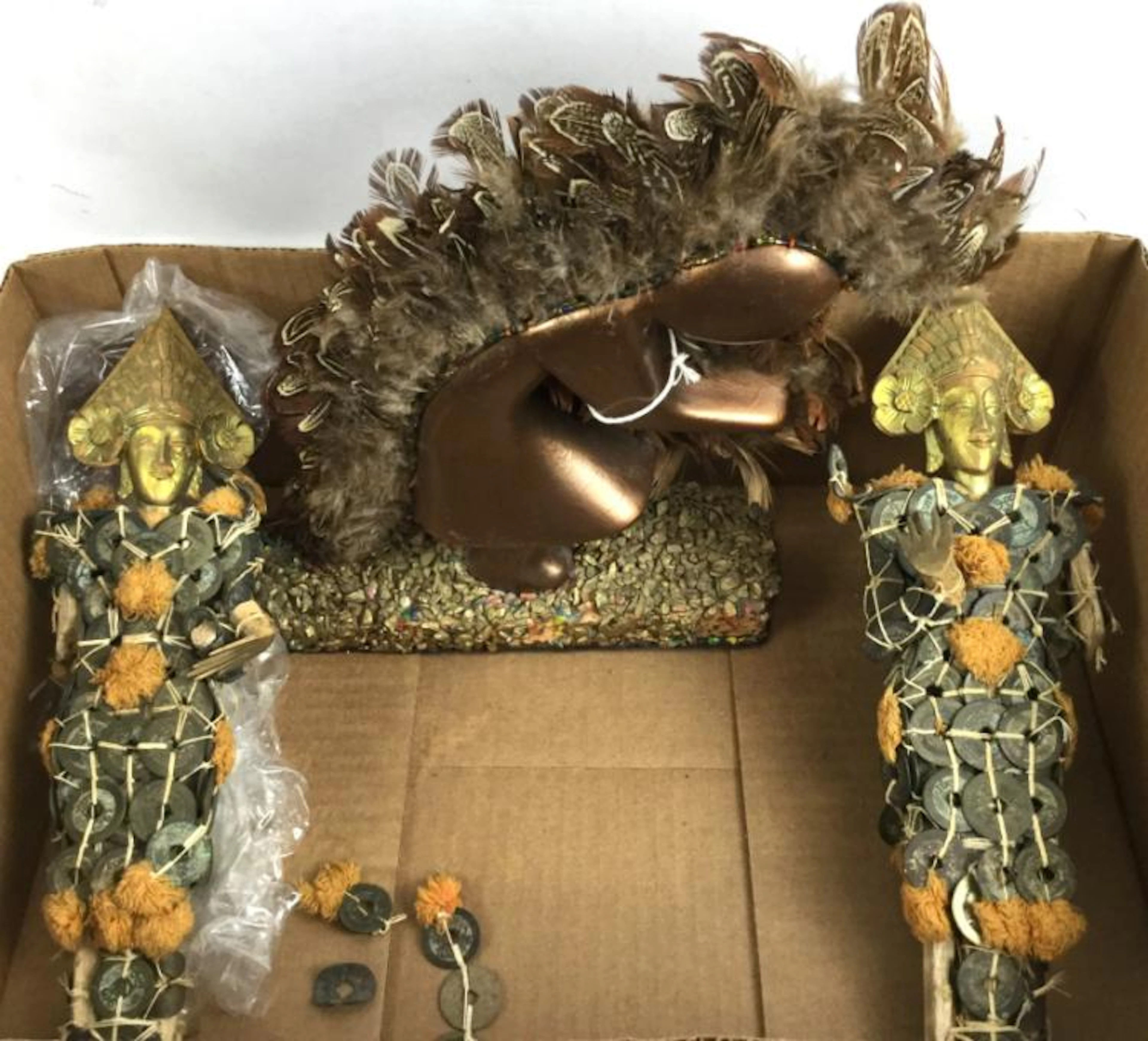 Signed Kokopelli Style Sculpture W/ Feathers