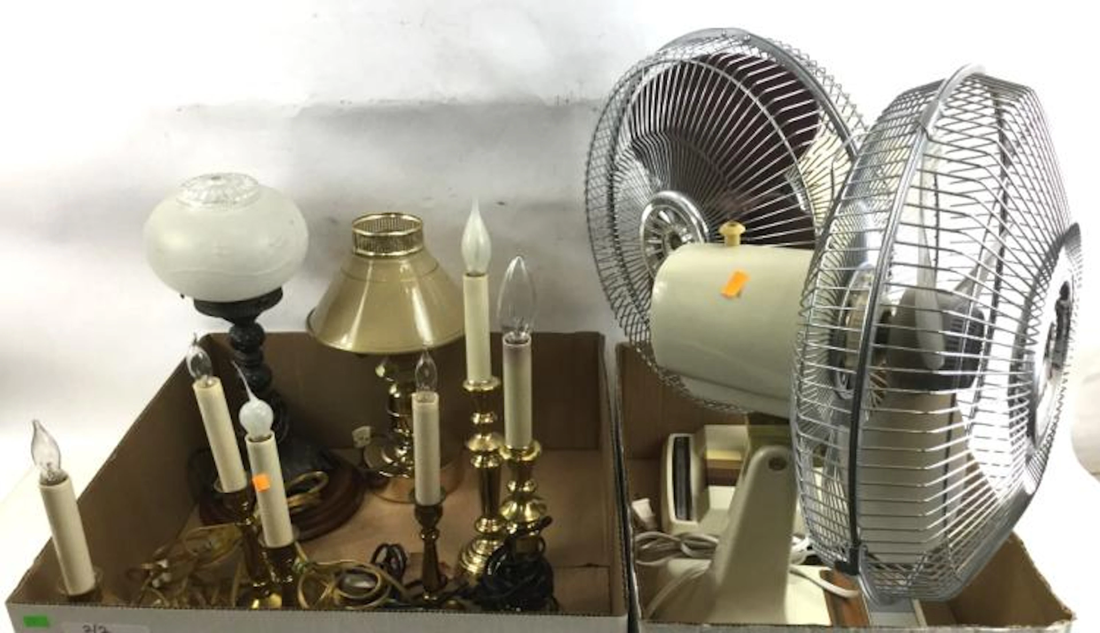 2 Desk Fans, Brass Table Lamps & Electric Candles