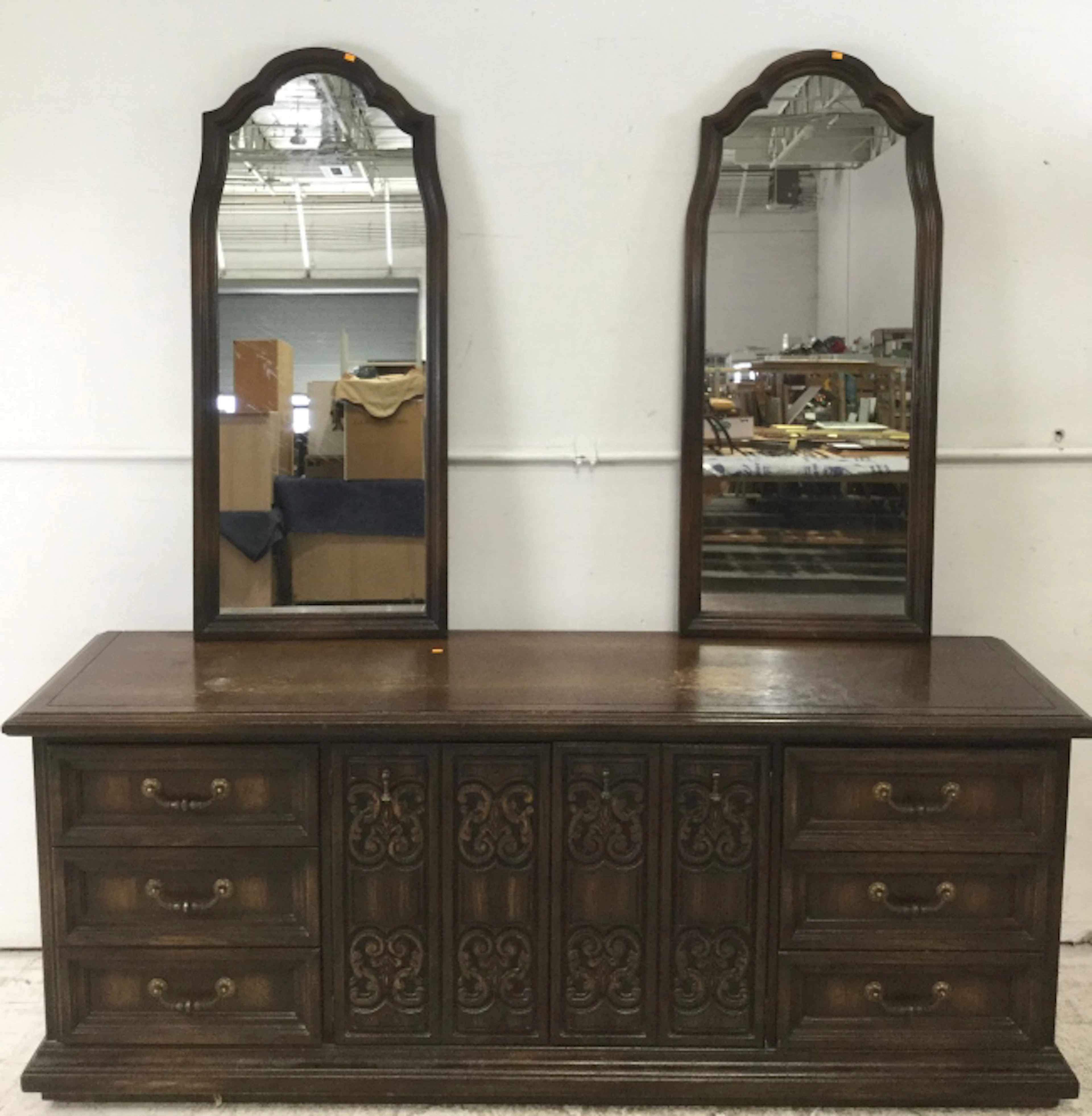 Mediterranean Style Dk. Oak Triple Dresser & Mirrors