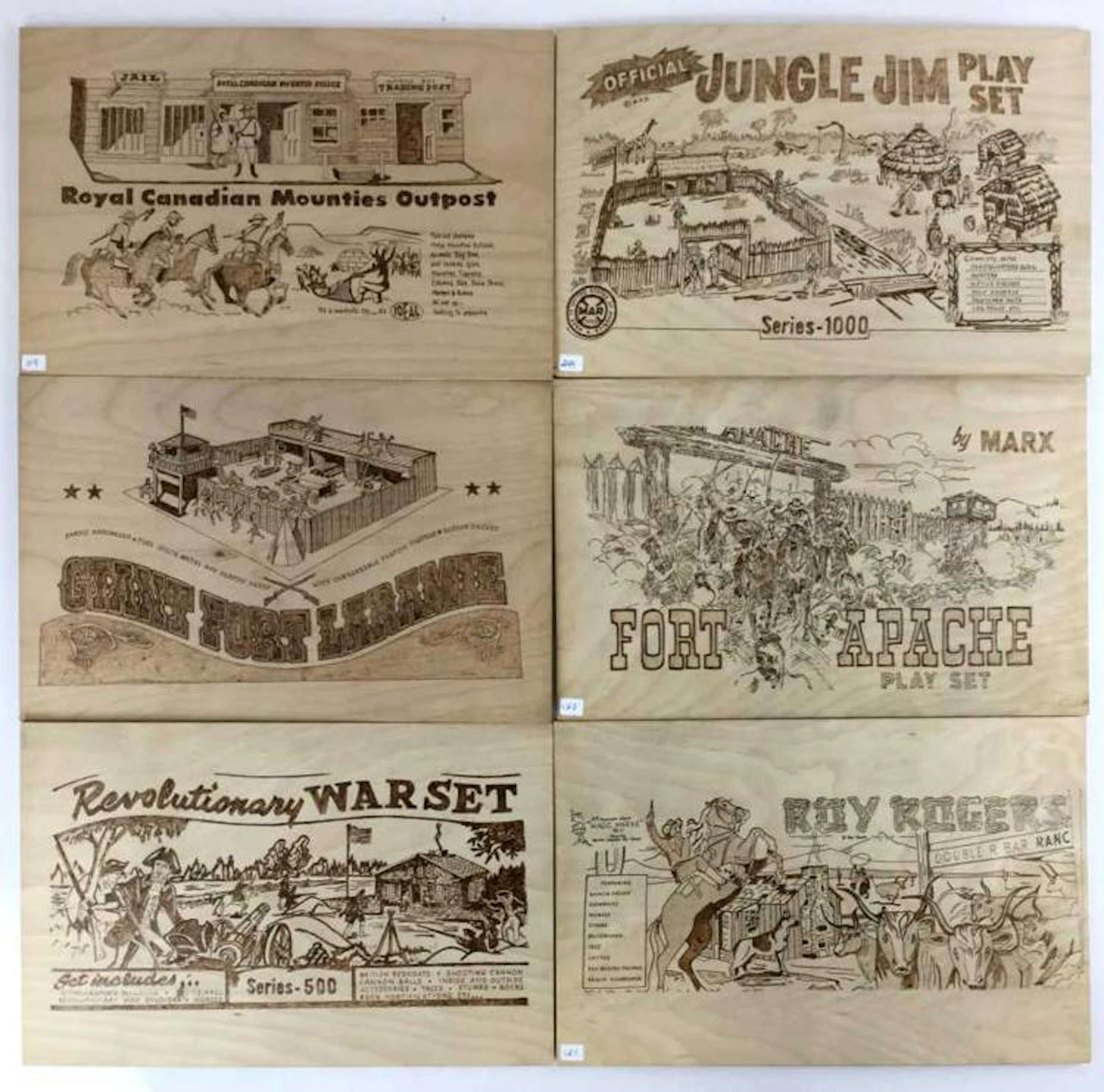(6) Wood Burning Art Of Vintage Marx Toy Set