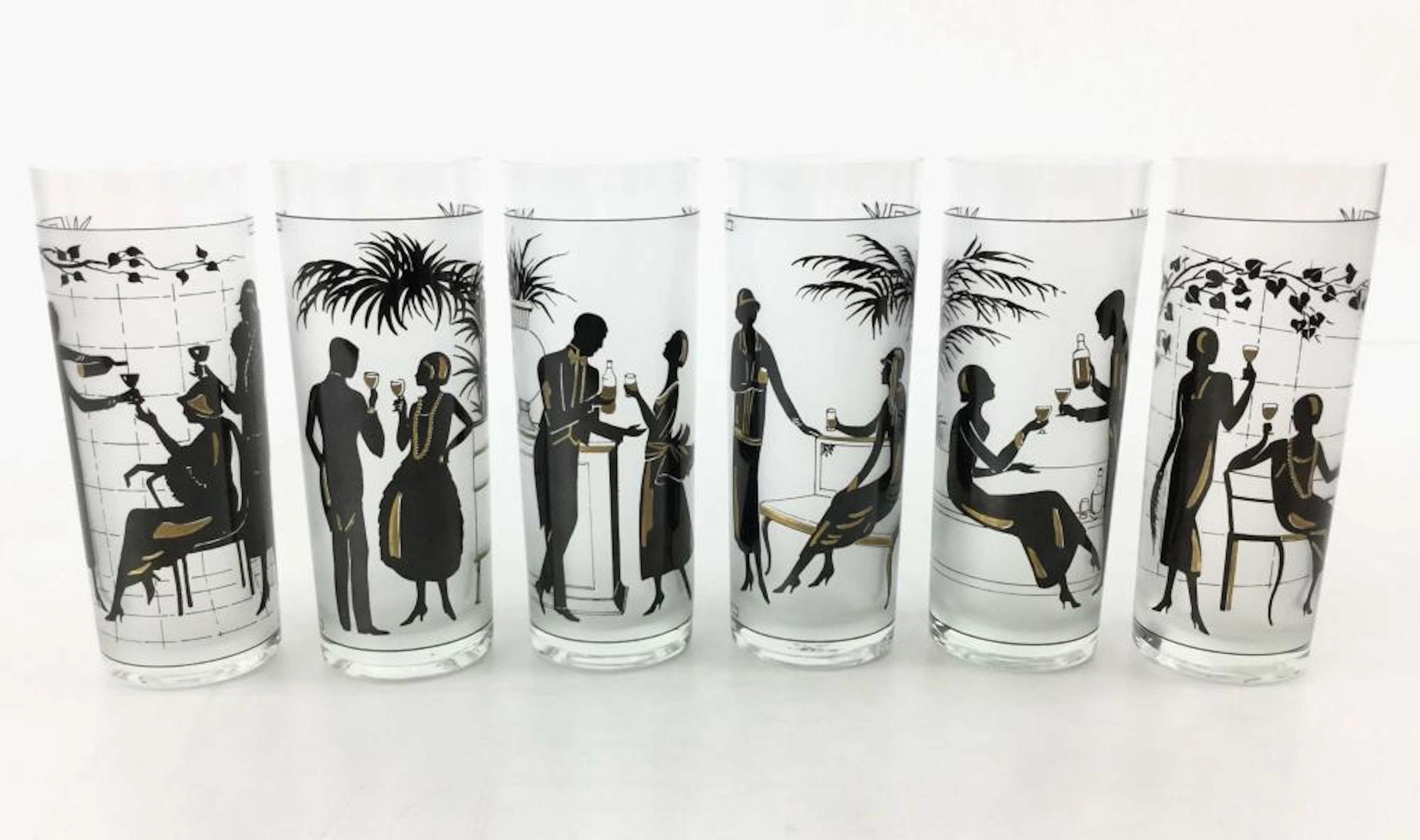 (6) Egizia Italian Frosted Art Deco Glasses
