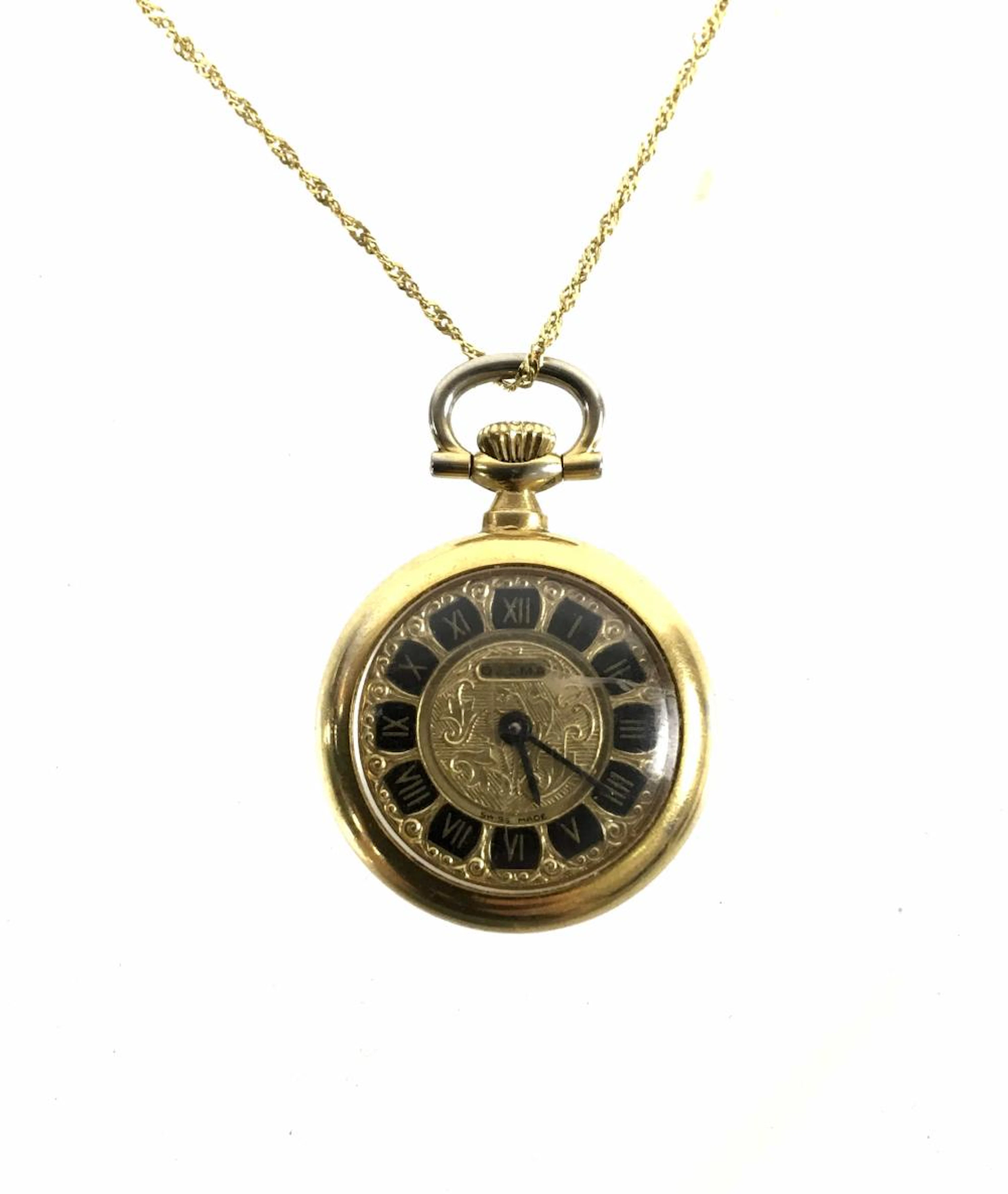 Gold Plated Pocket Watch Pendant W/ 14k Gold Chain