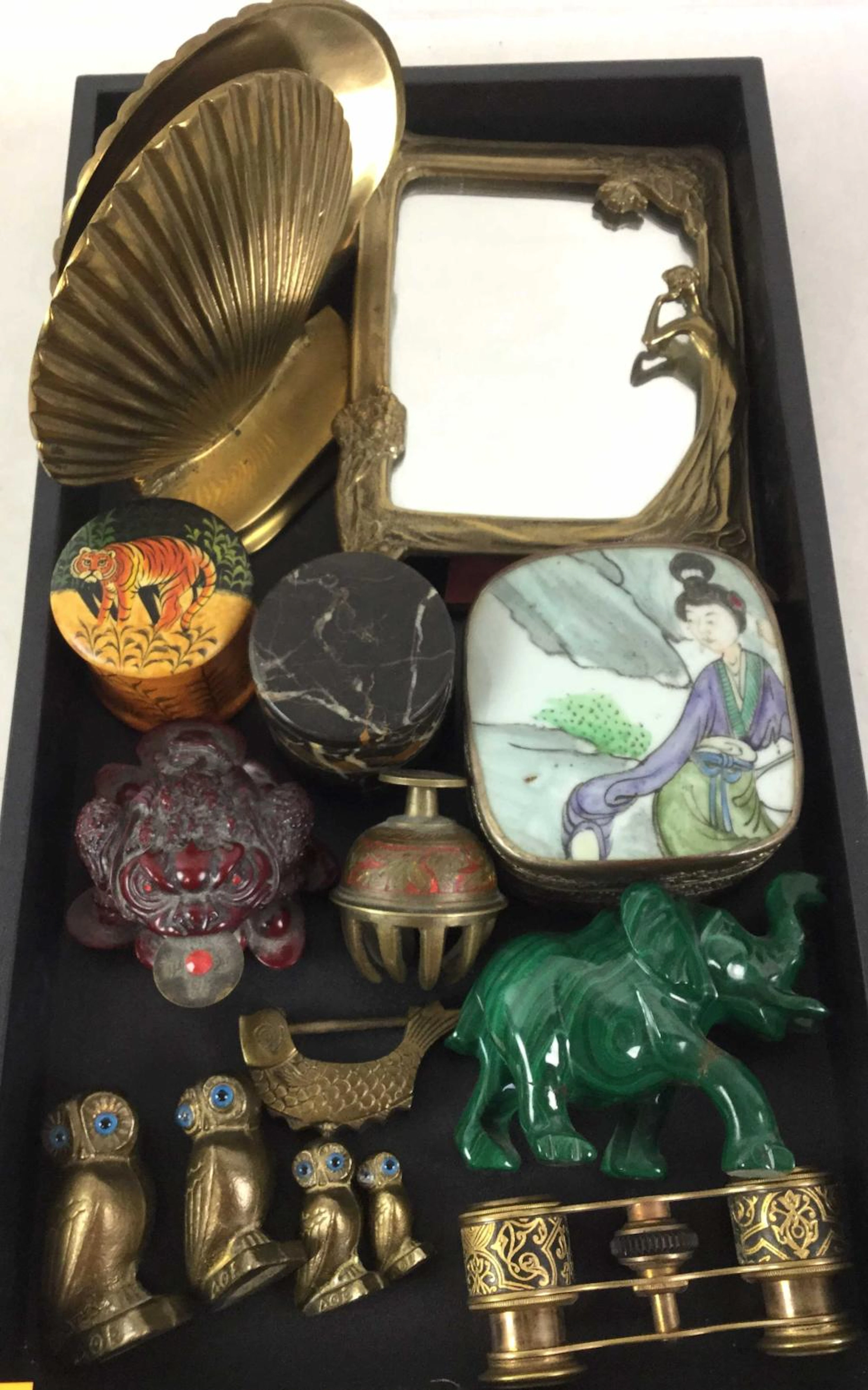 Art Deco Style Brass Frame Mirror, Owl Figurines,