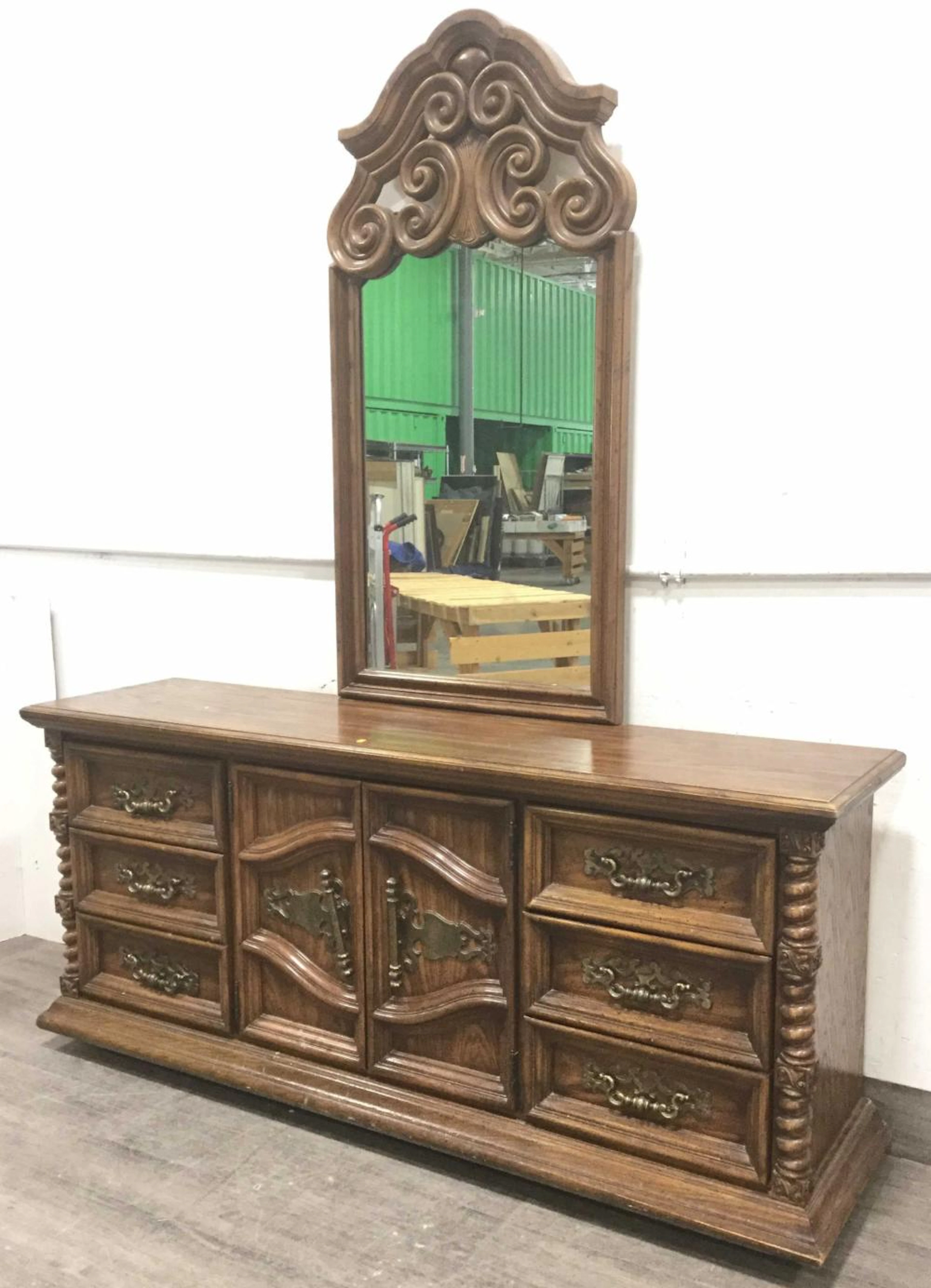 2pc Mediterranean Oak Triple Dresser & Mirror