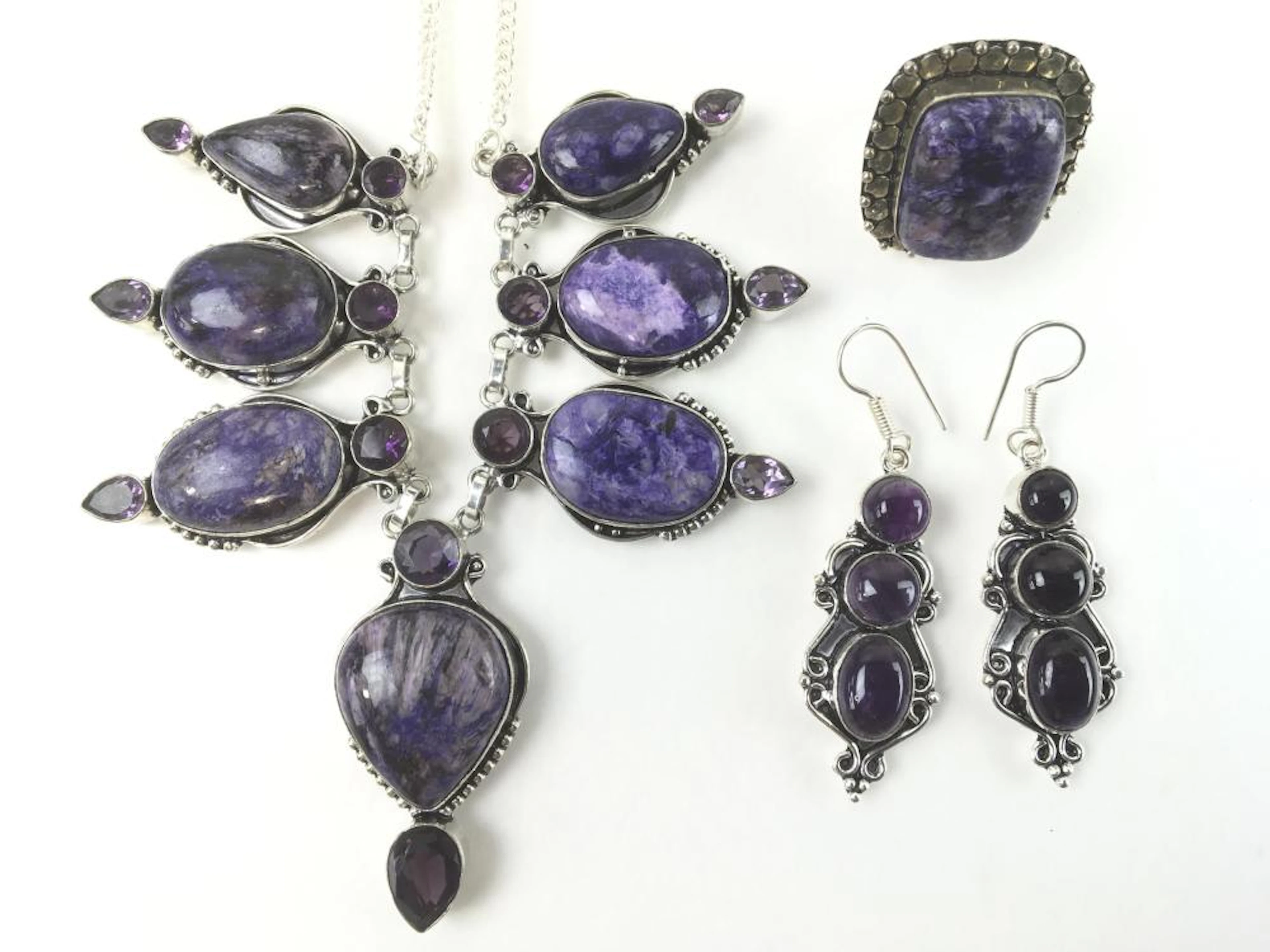 Purple Charoite Necklace, Earrings, & Ring