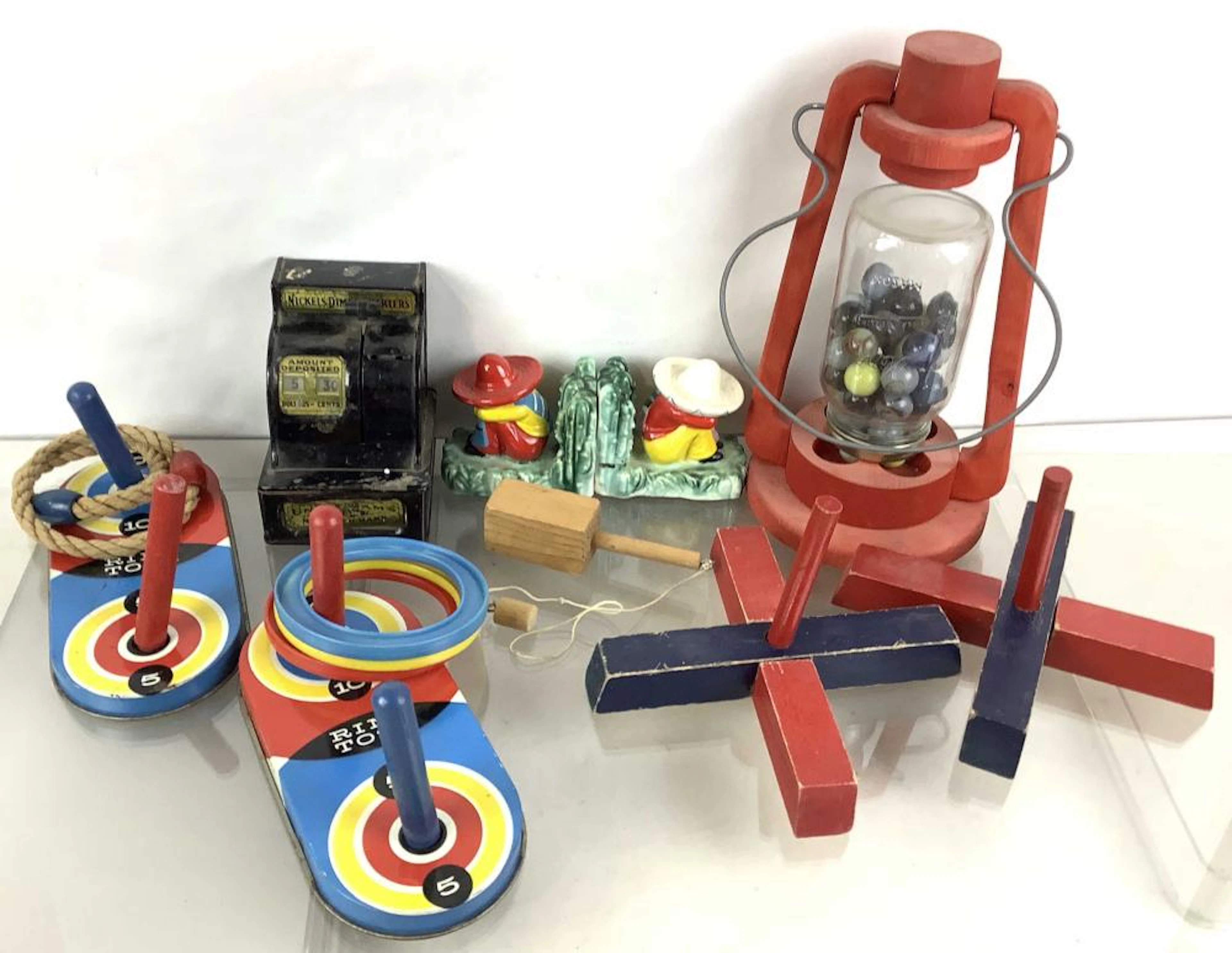 (9) Assorted Vintage Wooden Toys & Coin Bank