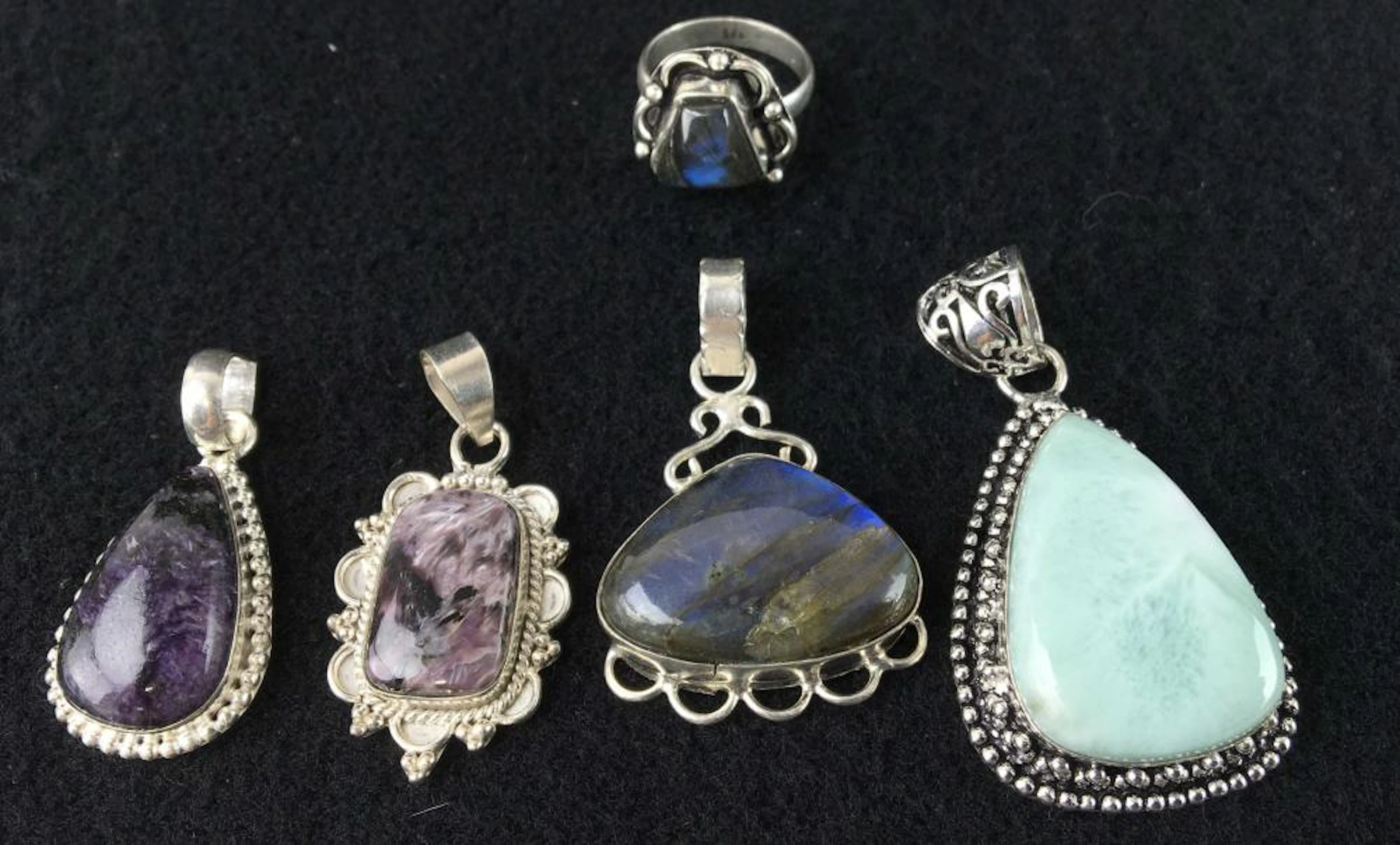 Larimar, Labradorite, Charoite Pendants & Ring