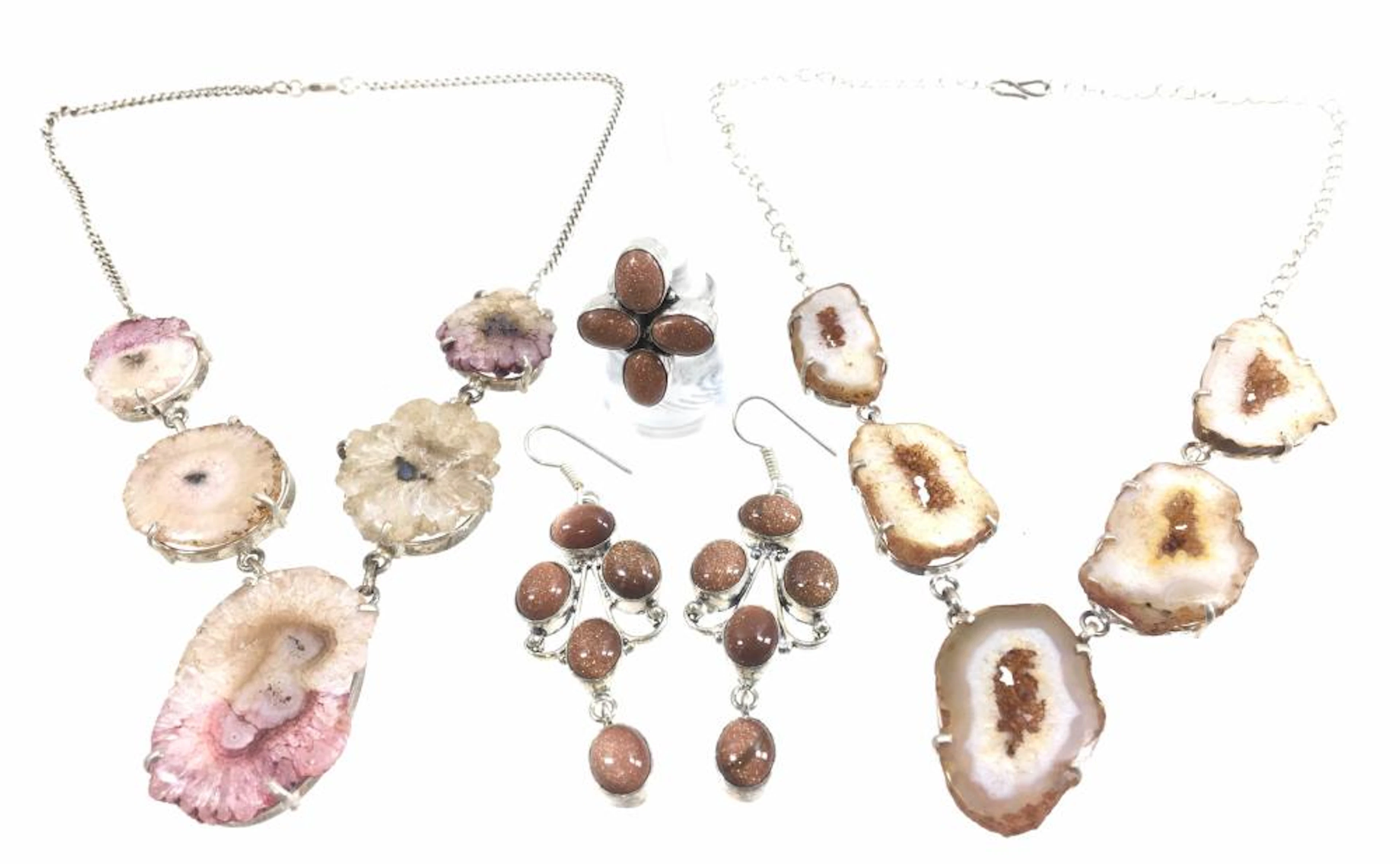 (2) Druzy Quartz Necklaces & Sunstone Earrings