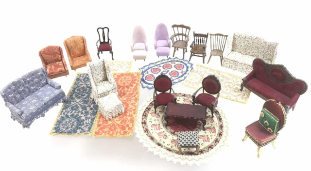 Vintage Doll House Furniture & Rugs