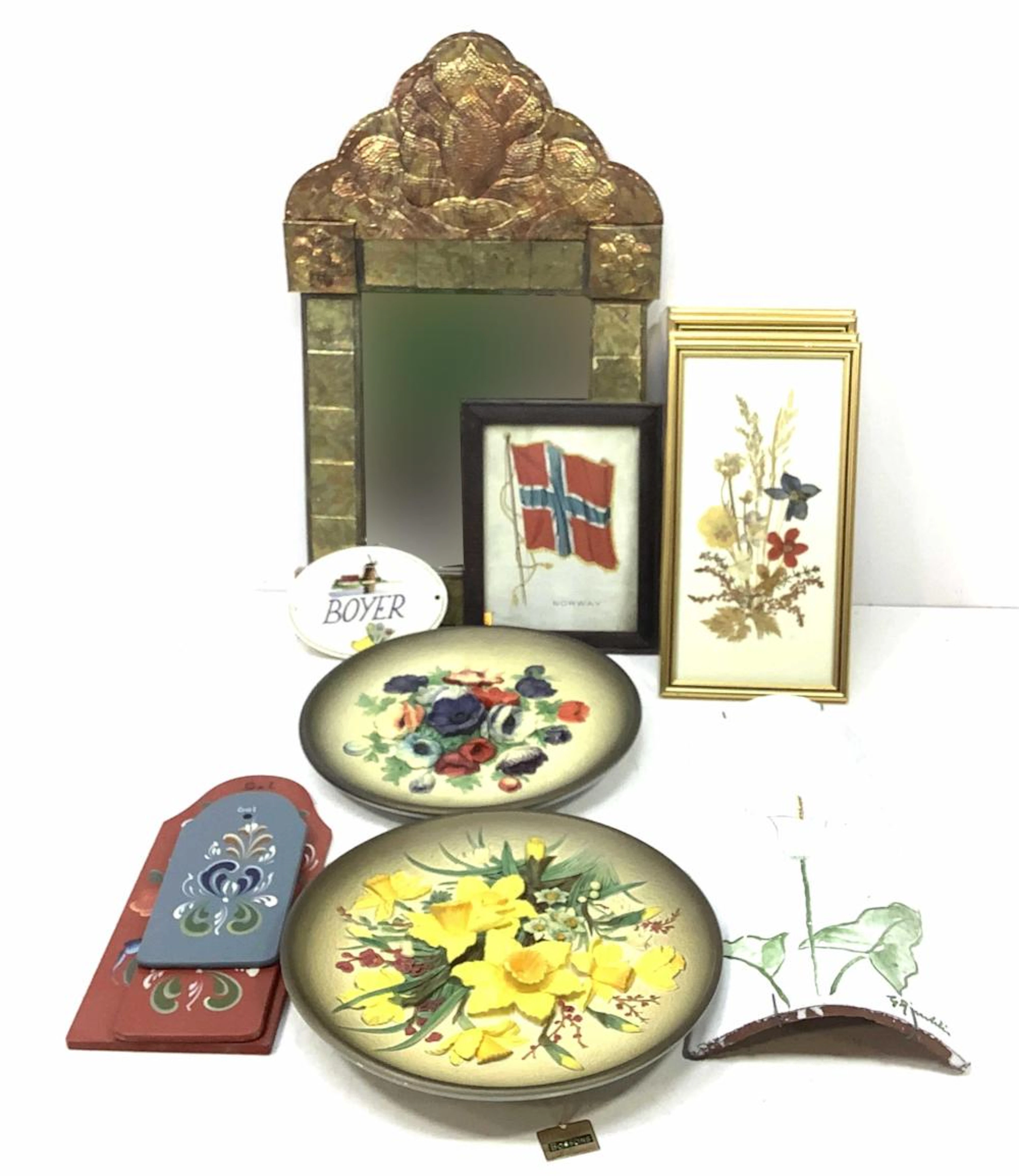 Tin Framed Mirror, Painted Roof Tile, Decor Plates