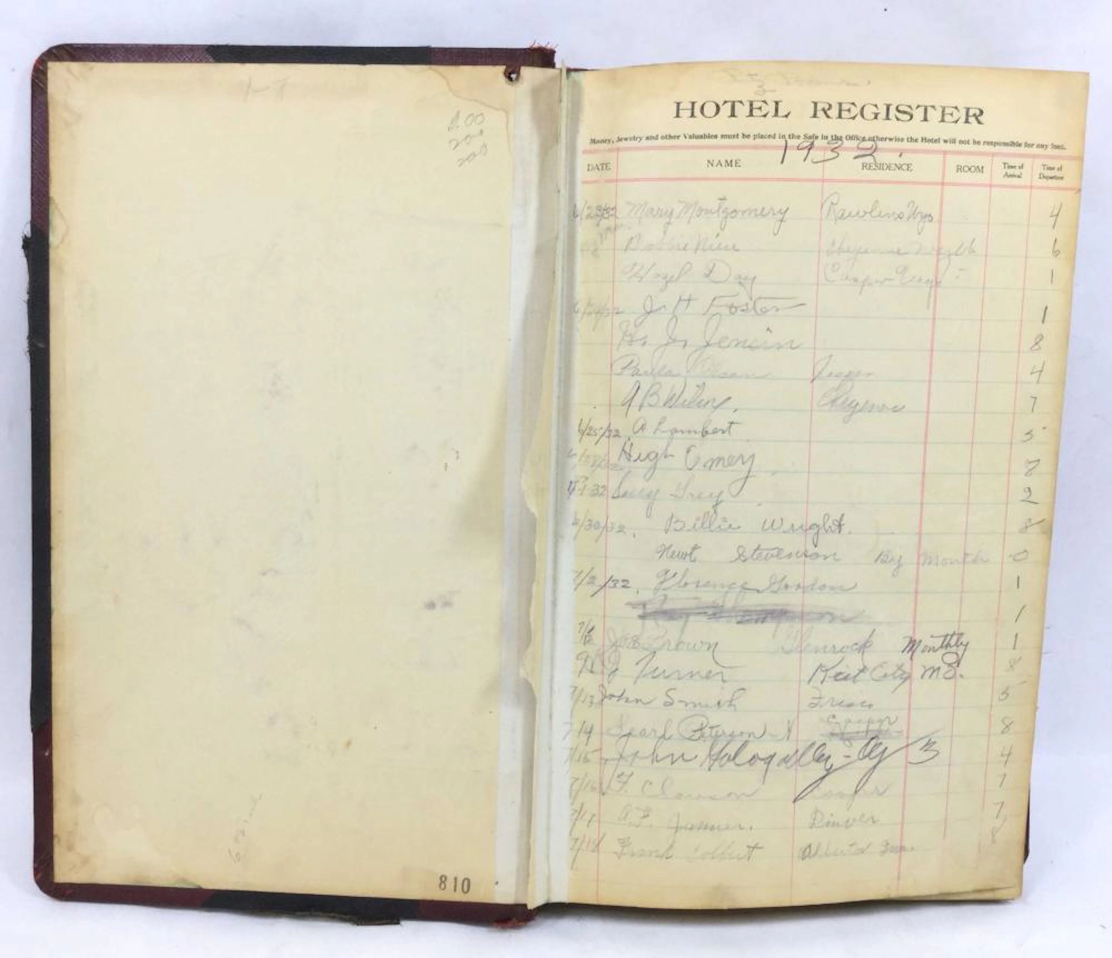 C. 1930s Thermopolis, WY Ritz Rooms Hotel Register