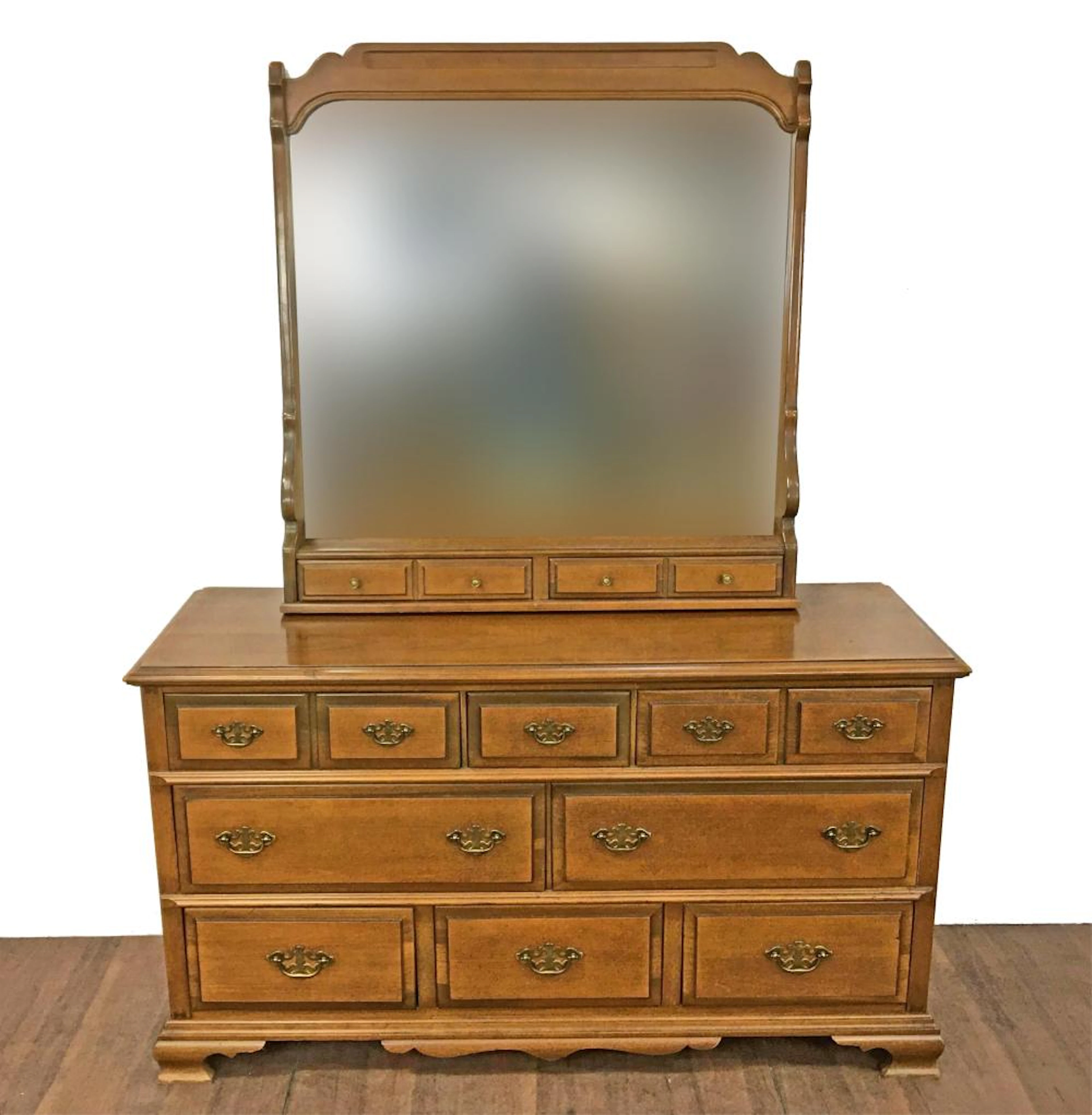 Bassett Furniture Americana Style Maple Triple Dresser & Mirror