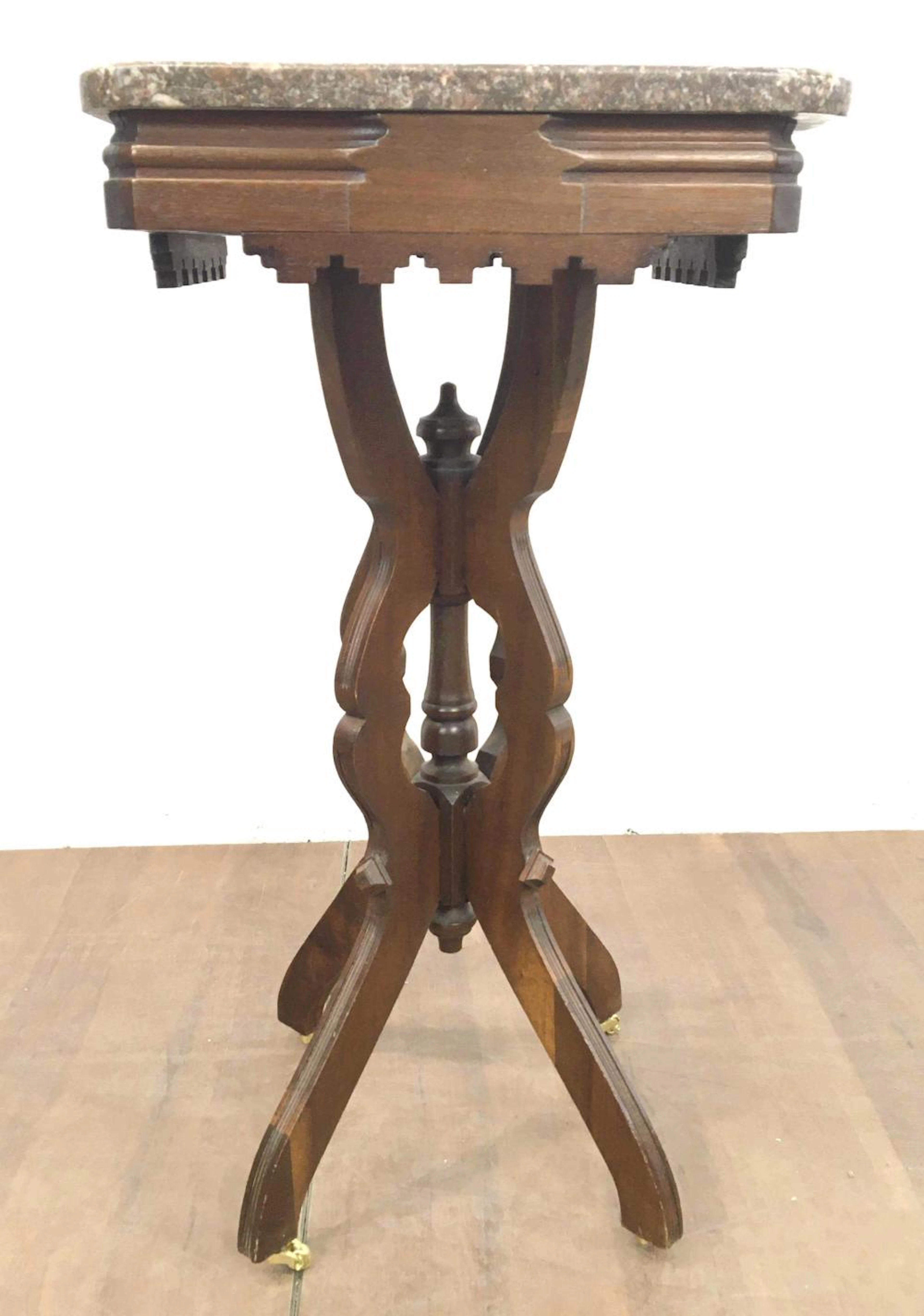 Eastlake Carved Walnut Granite Top Accent Table