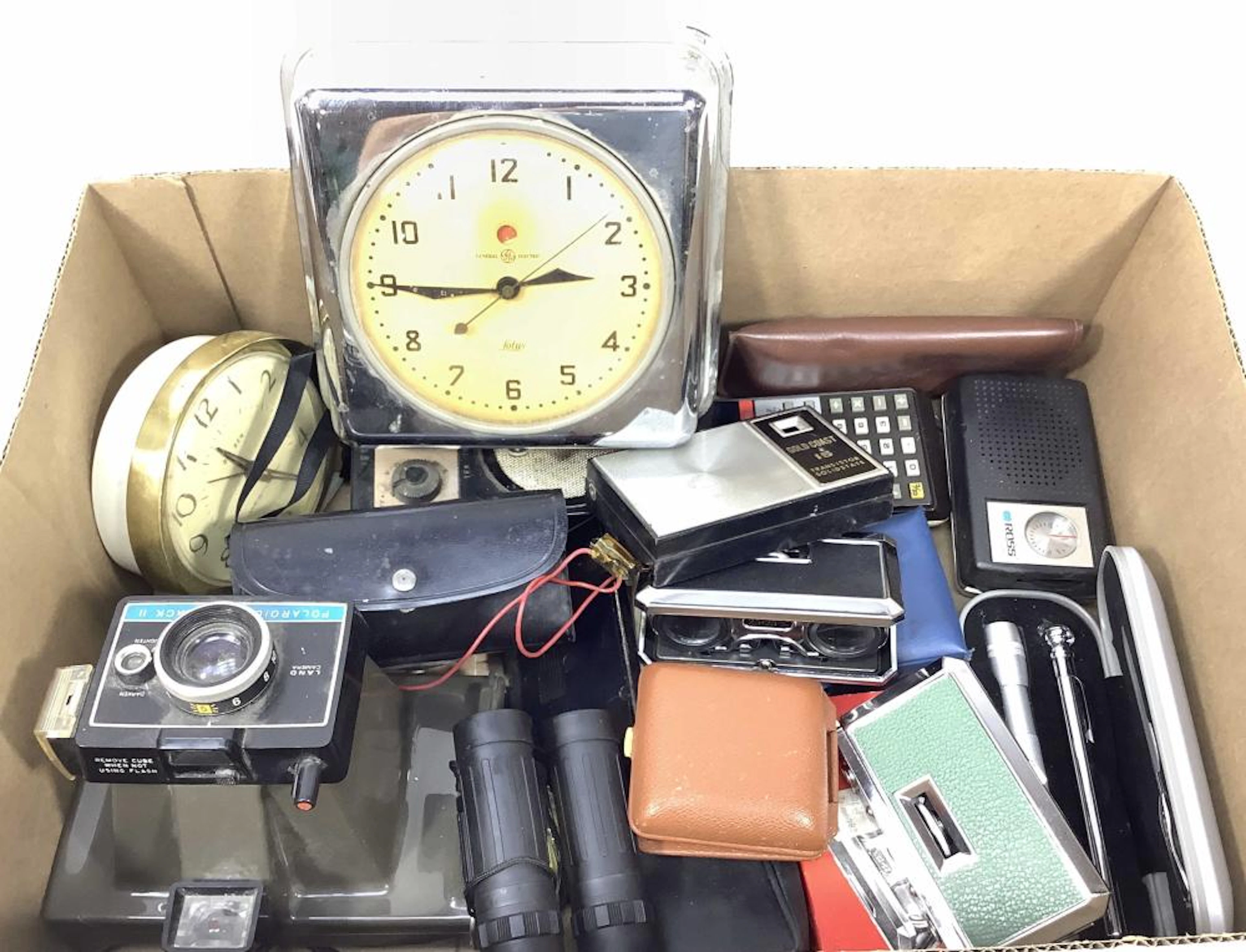 Vintage GE Clock, Radios, Calculator, Polaroid