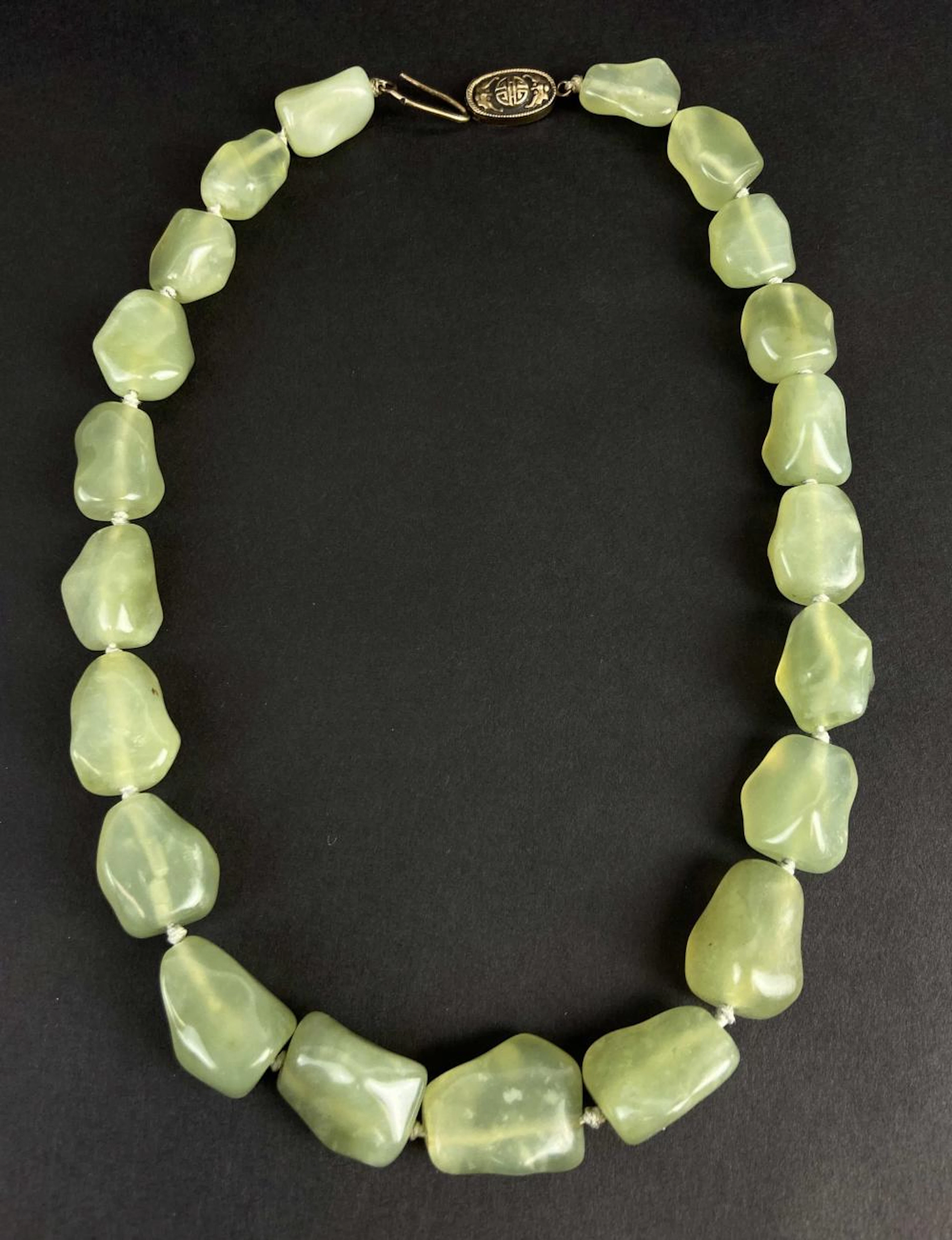 Vintage Chinese Prehnite Stone & Silver Necklace