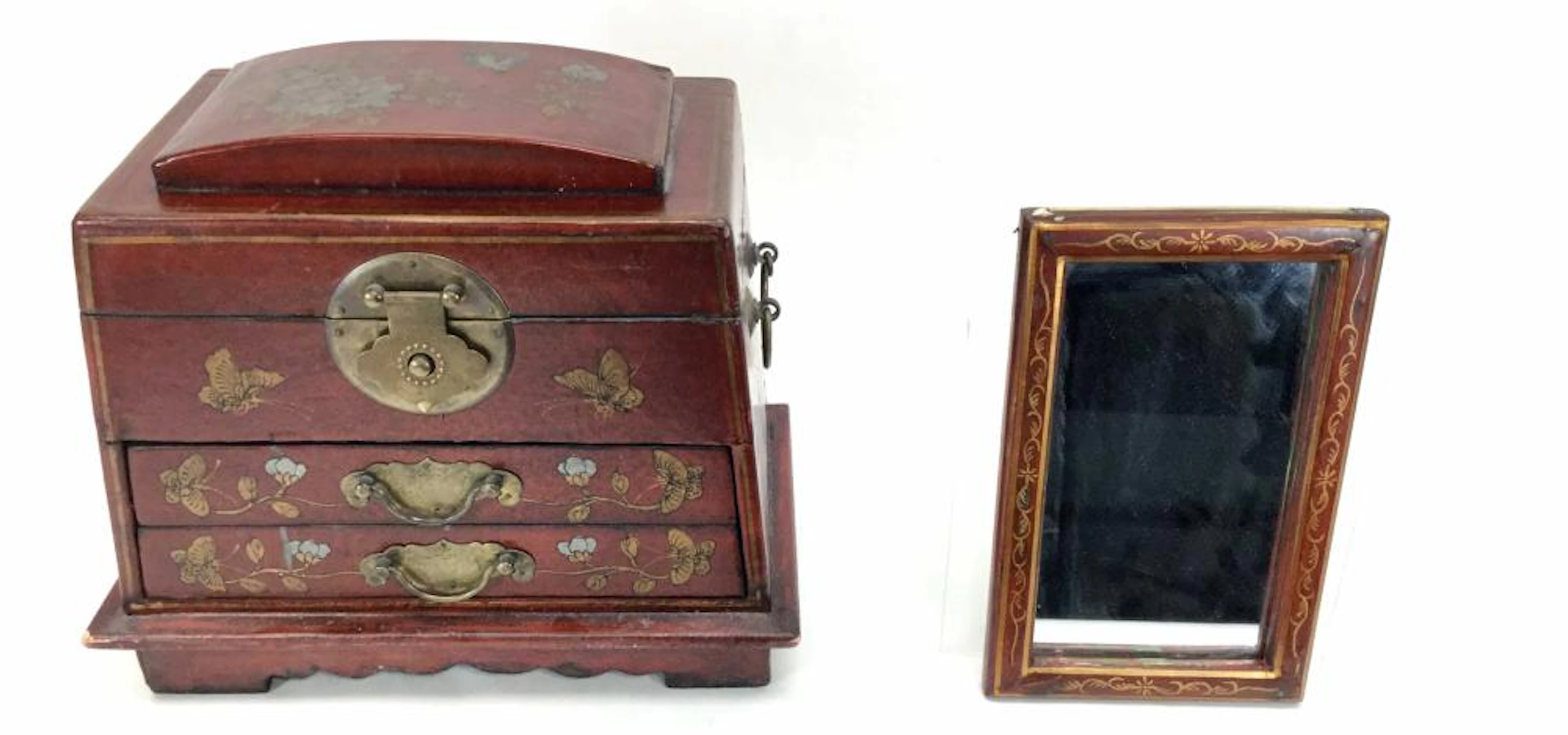Vintage Chinese Hand Painted Jewelry Box & Mirror