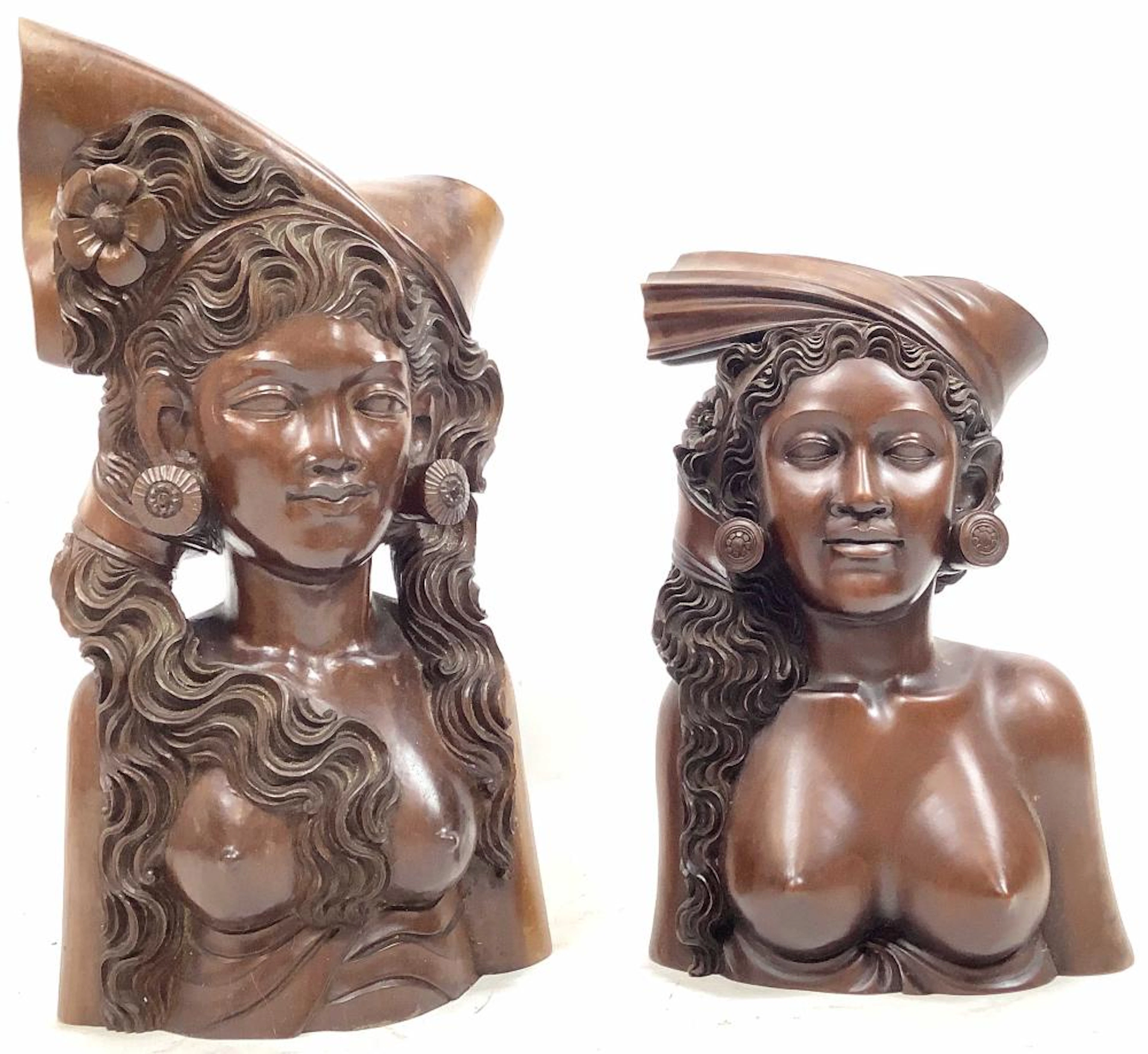 (2pcs) Polynesian Carved Wood Nude Busts
