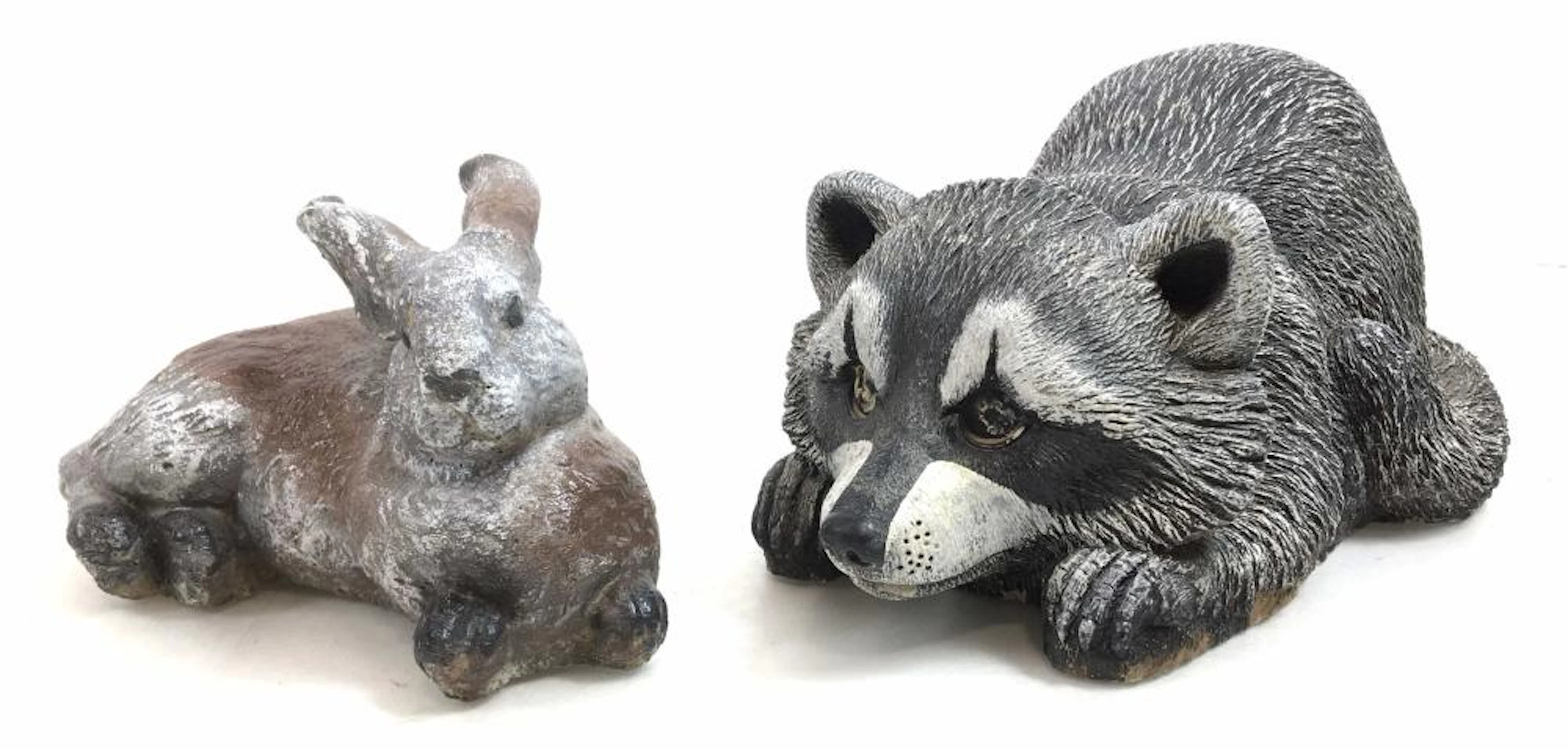 (2pc) Cast Concrete Raccoon & Rabbit Yard Art