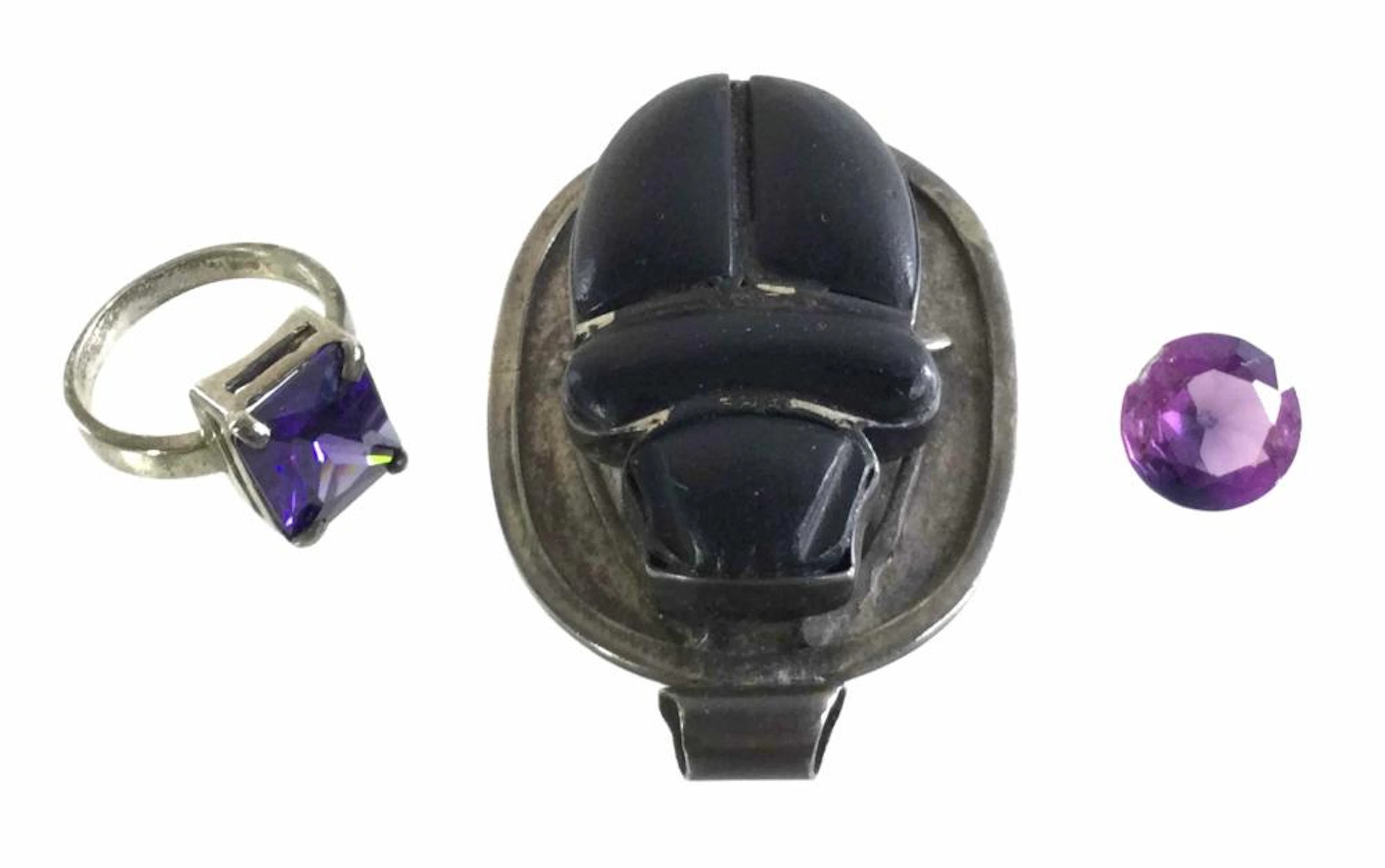 Sterling Silver Scarab Pendant, Ring & Purple Topaz