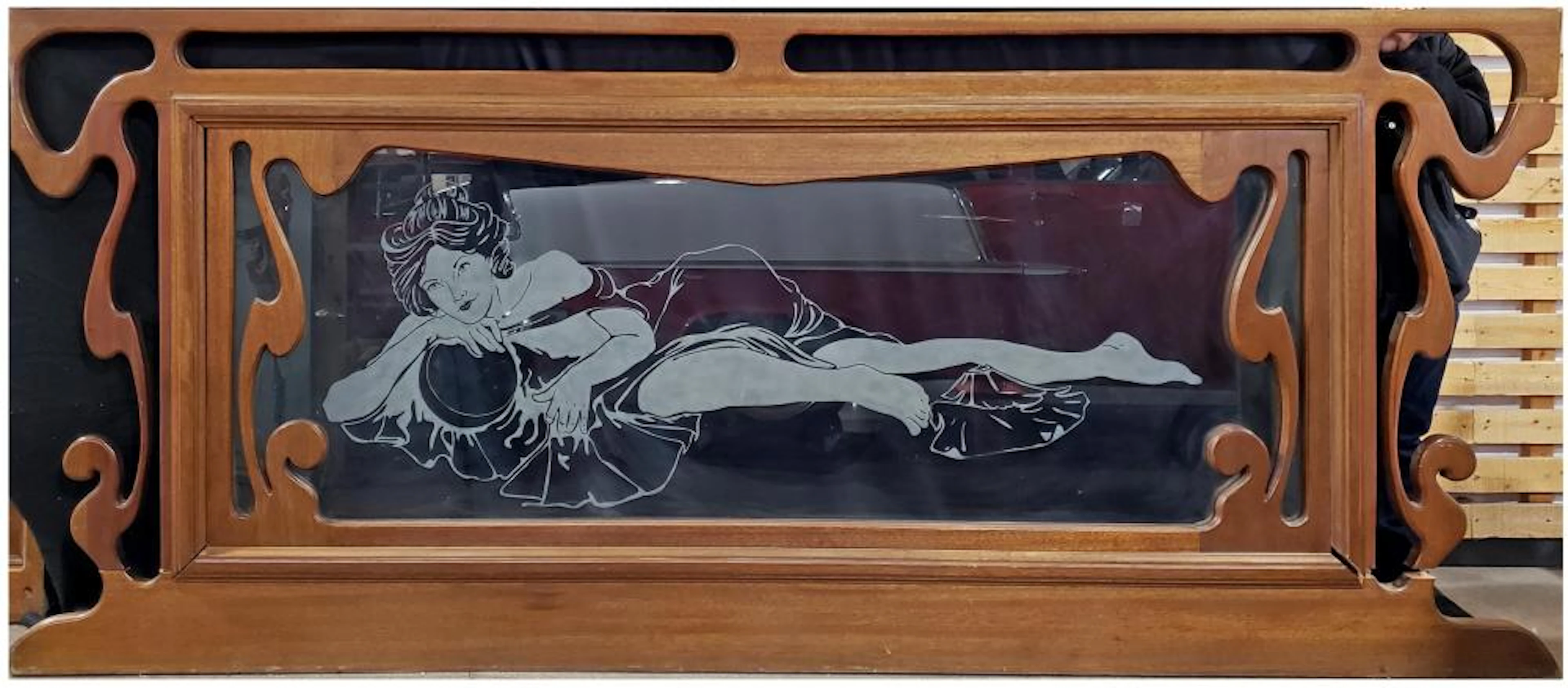 Large Art Nouveau Etched Glass Bar Partitio